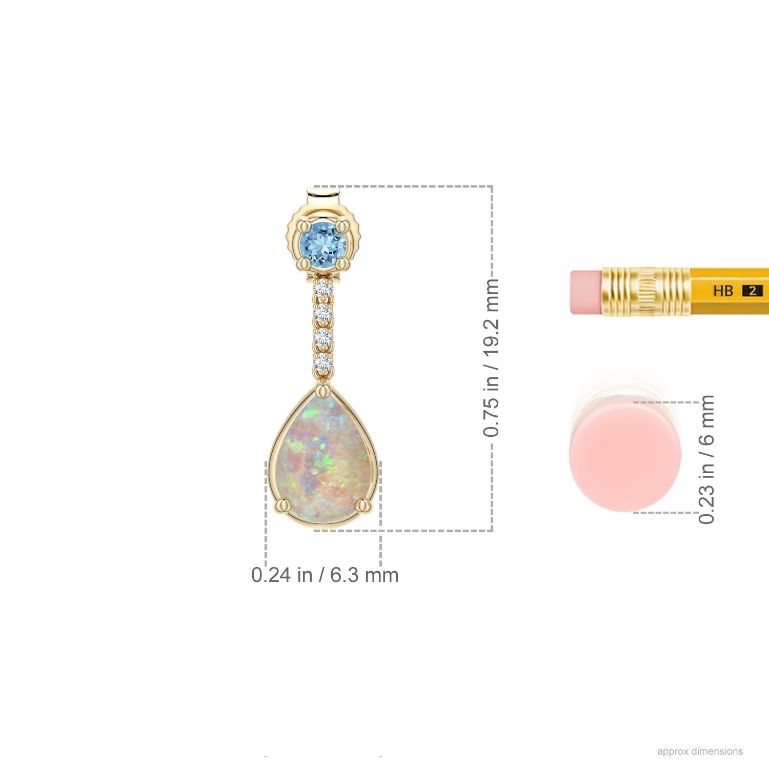 7x5mm AAAA Pear Opal Drop Earrings with Aquamarine Accent in Yellow Gold - ruler - ruler