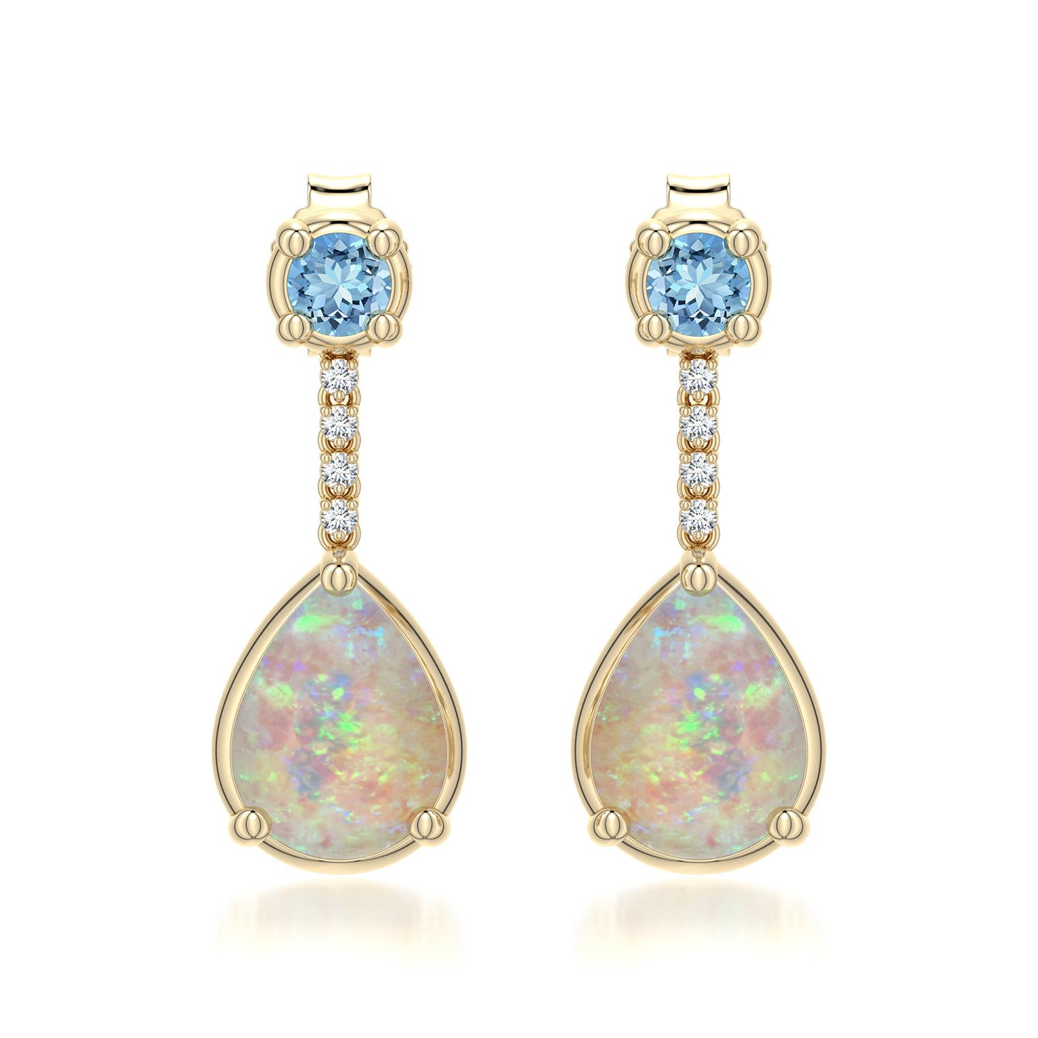 8x6mm AAAA Pear Opal Drop Earrings with Aquamarine Accent in Yellow Gold - main