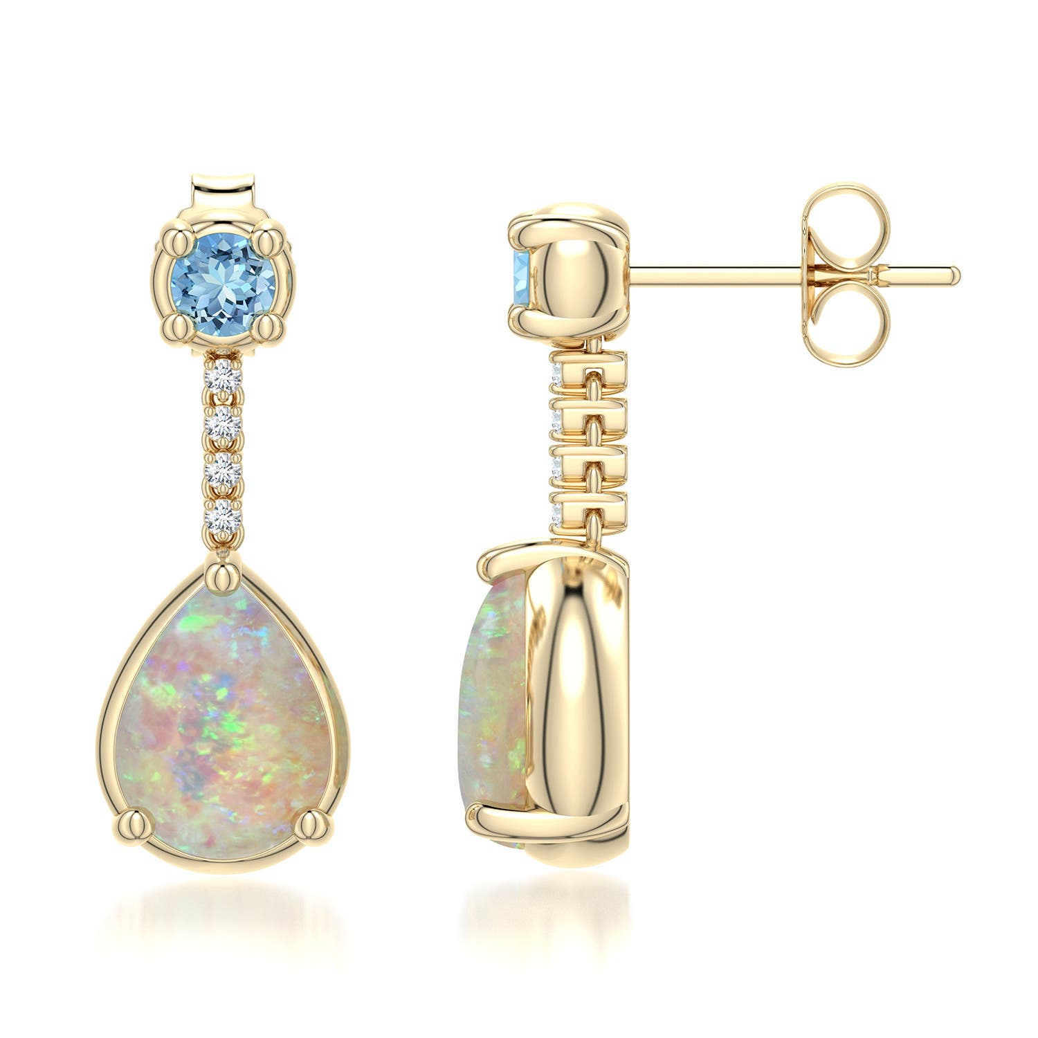 8x6mm AAAA Pear Opal Drop Earrings with Aquamarine Accent in Yellow Gold - side