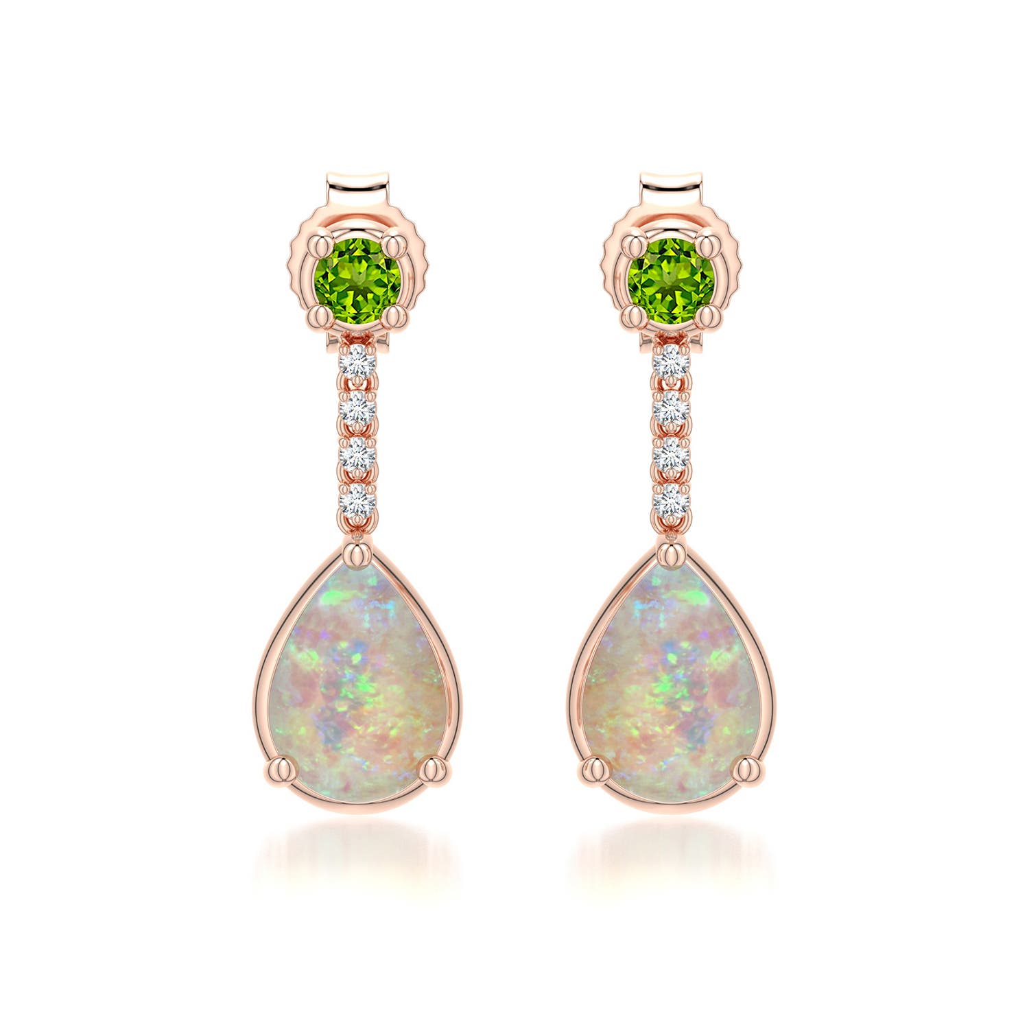 7x5mm AAAA Pear Opal Drop Earrings with Peridot Accent in Rose Gold - main