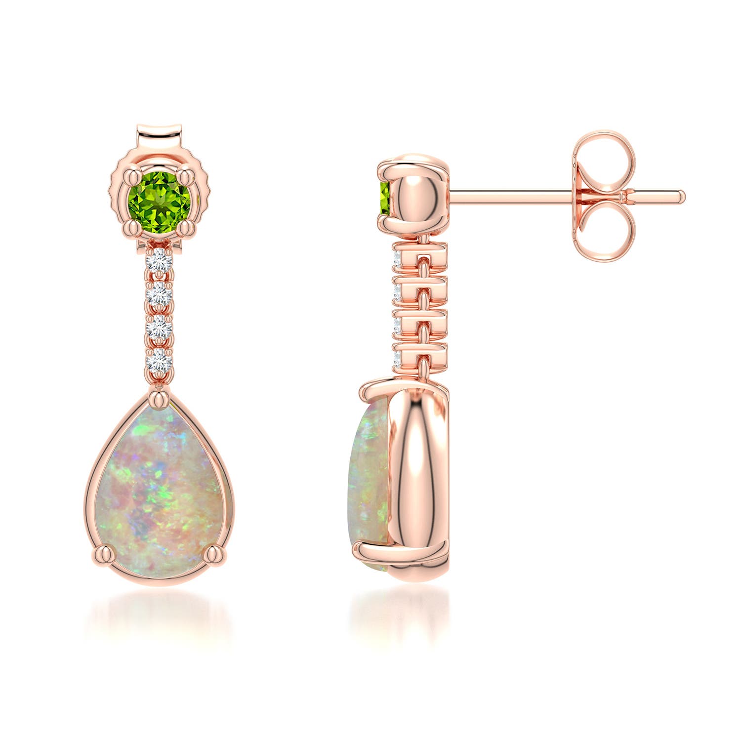 7x5mm AAAA Pear Opal Drop Earrings with Peridot Accent in Rose Gold - side