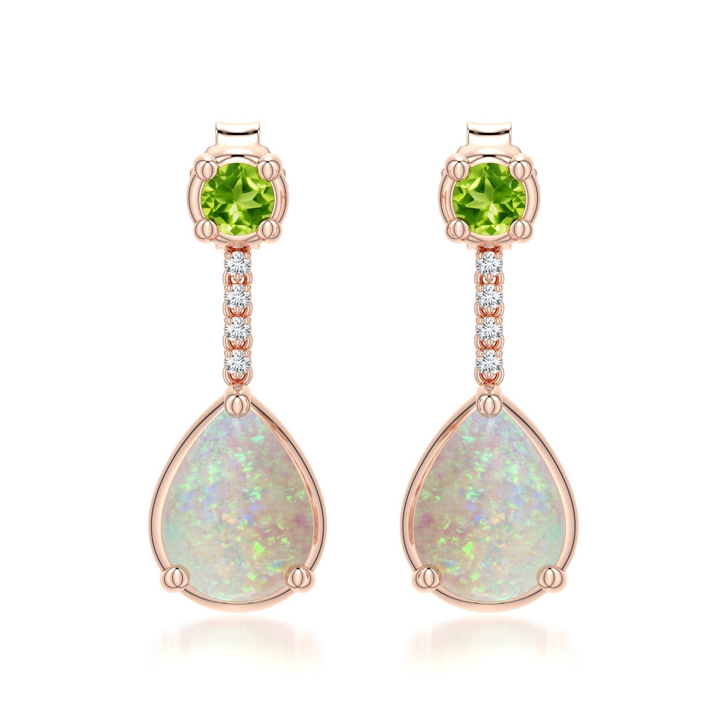 8x6mm AAA Pear Opal Drop Earrings with Peridot Accent in 18K Rose Gold - main