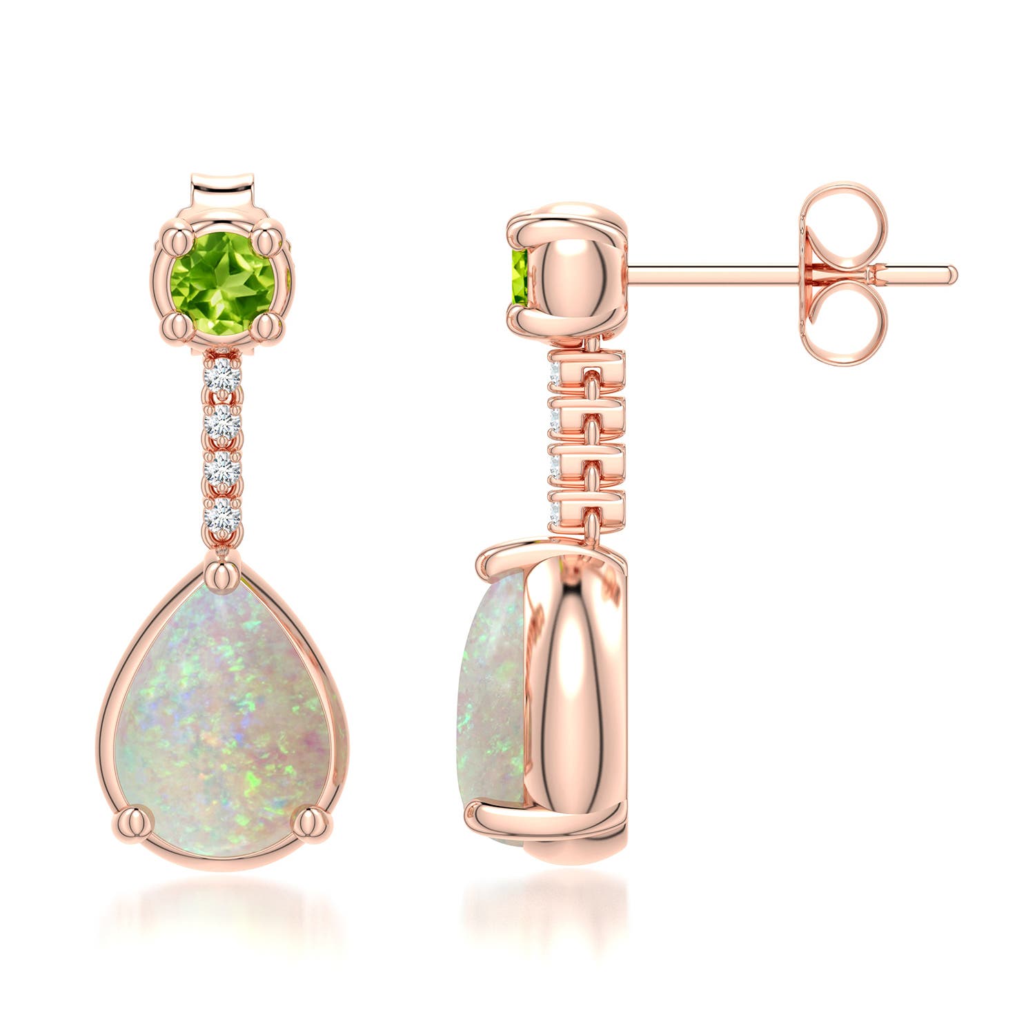8x6mm AAA Pear Opal Drop Earrings with Peridot Accent in 18K Rose Gold - side