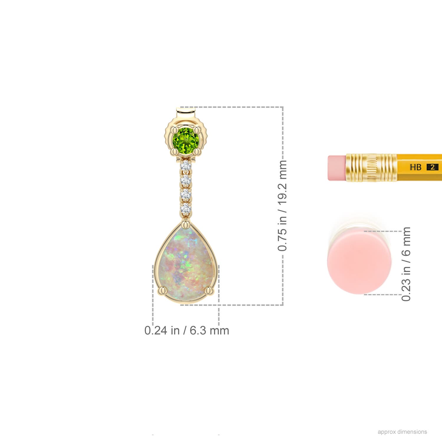 7x5mm AAAA Pear Opal Drop Earrings with Peridot Accent in Yellow Gold - ruler - ruler