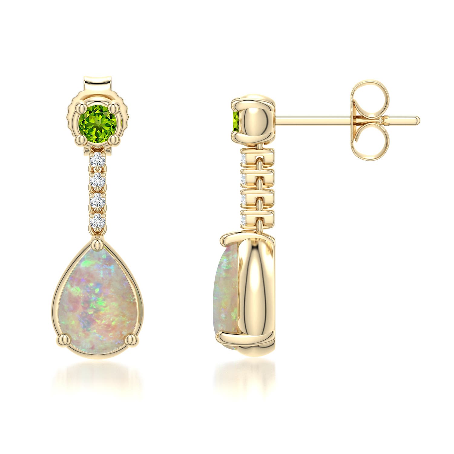 7x5mm AAAA Pear Opal Drop Earrings with Peridot Accent in Yellow Gold - side - side 2