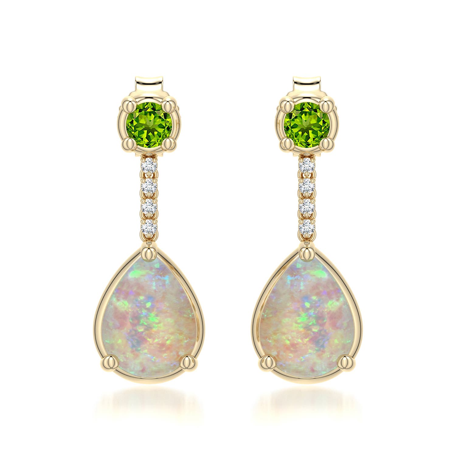 8x6mm AAAA Pear Opal Drop Earrings with Peridot Accent in Yellow Gold - main