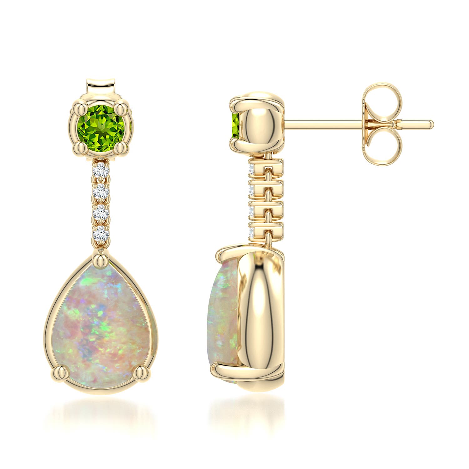 8x6mm AAAA Pear Opal Drop Earrings with Peridot Accent in Yellow Gold - side