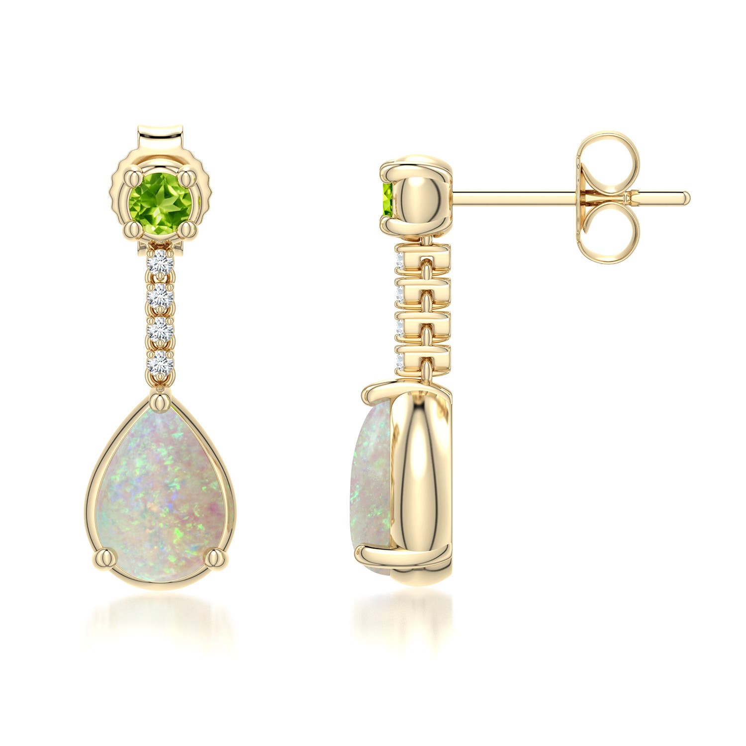 7x5mm AAA Pear Opal Drop Earrings with Peridot Accent in 18K Yellow Gold - side