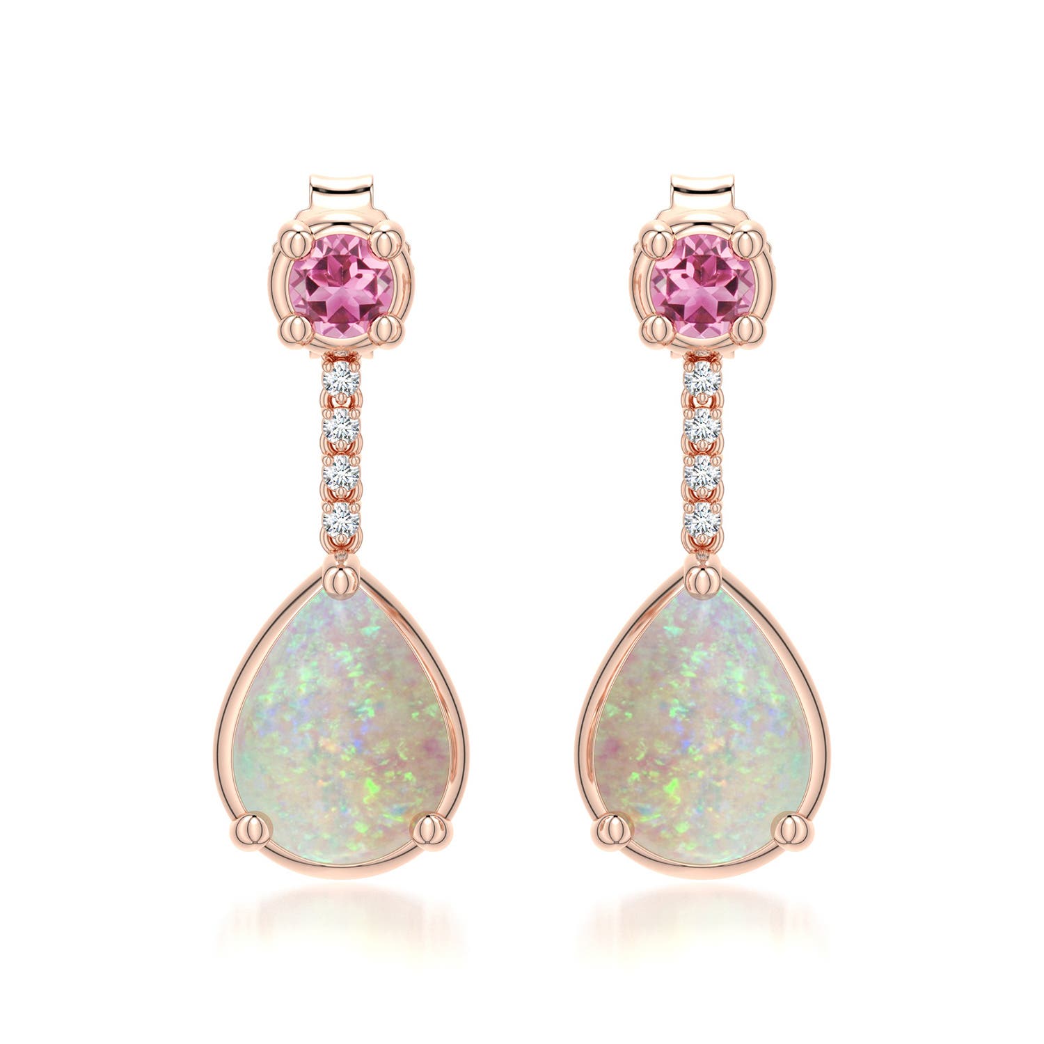 8x6mm AAA Pear Opal Drop Earrings with Pink Tourmaline Accent in Rose Gold - main