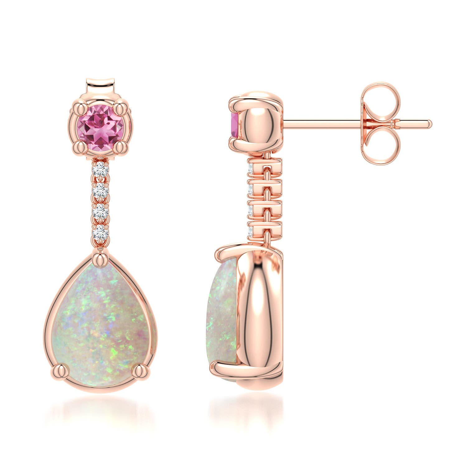 8x6mm AAA Pear Opal Drop Earrings with Pink Tourmaline Accent in Rose Gold - side