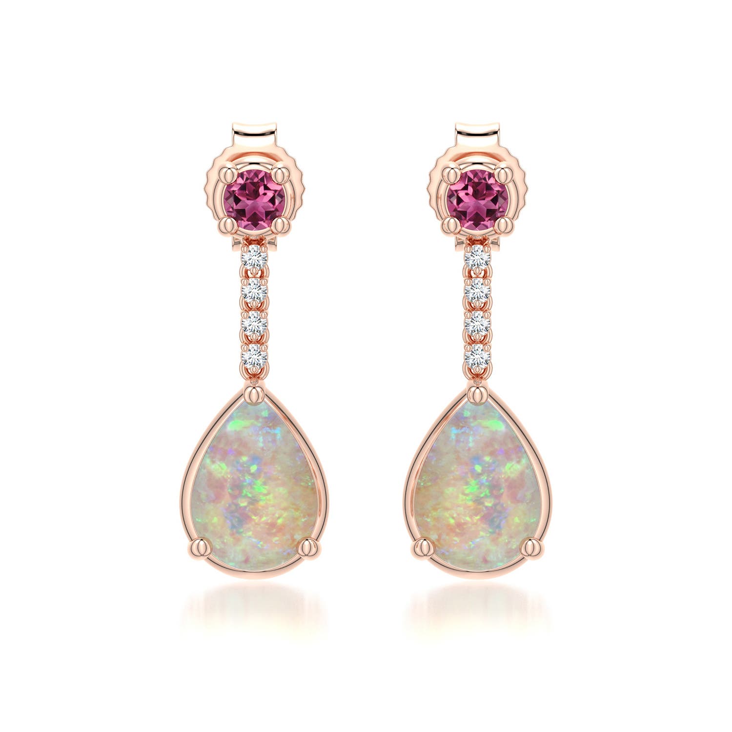 7x5mm AAAA Pear Opal Drop Earrings with Pink Tourmaline Accent in Rose Gold - main