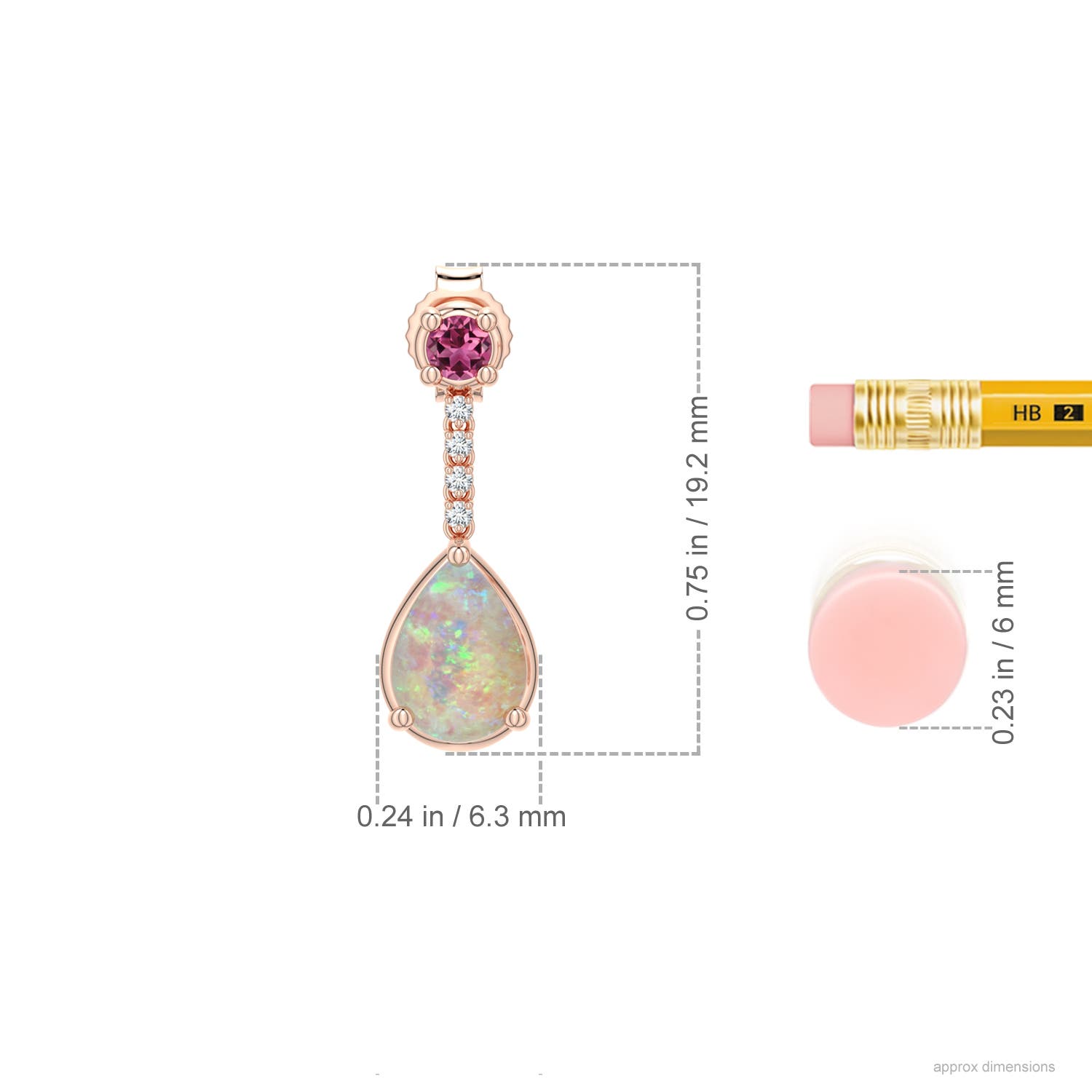7x5mm AAAA Pear Opal Drop Earrings with Pink Tourmaline Accent in Rose Gold - ruler - ruler