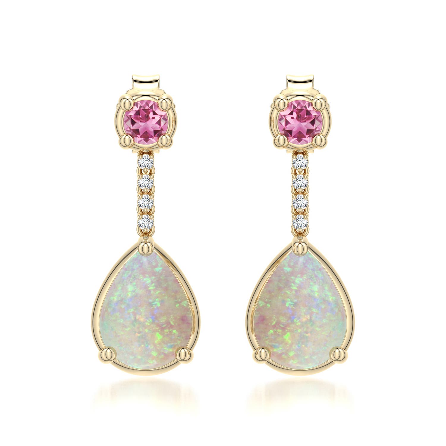 8x6mm AAA Pear Opal Drop Earrings with Pink Tourmaline Accent in Yellow Gold - main