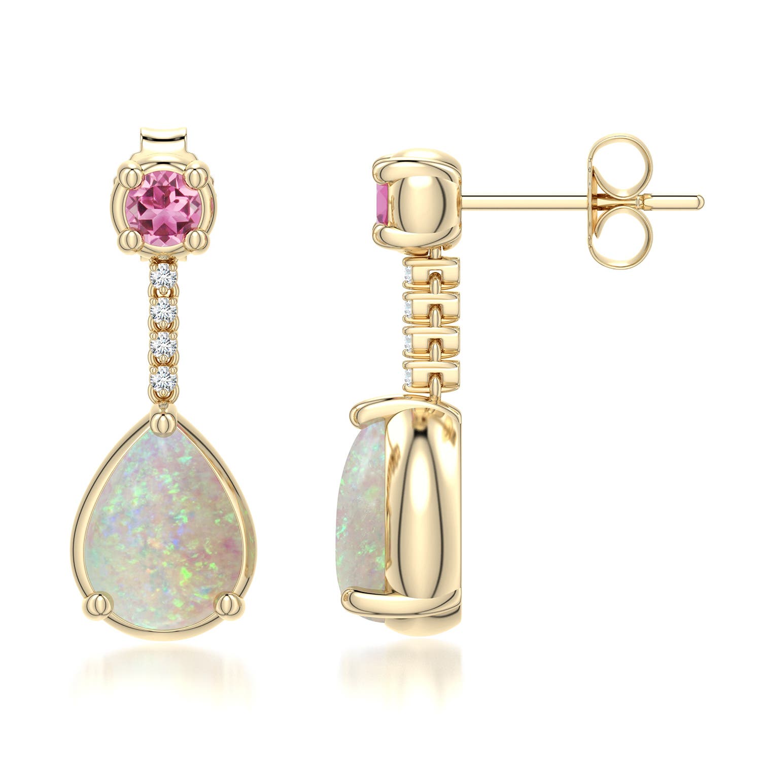 8x6mm AAA Pear Opal Drop Earrings with Pink Tourmaline Accent in Yellow Gold - side