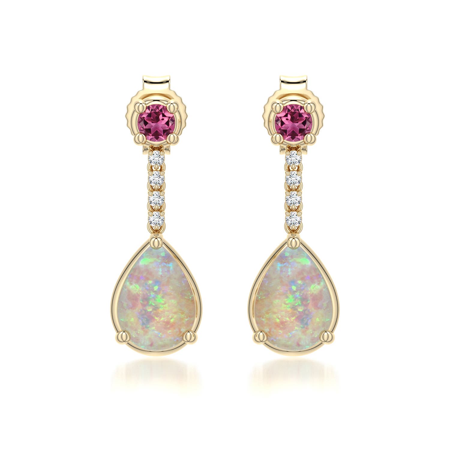 7x5mm AAAA Pear Opal Drop Earrings with Pink Tourmaline Accent in Yellow Gold - main