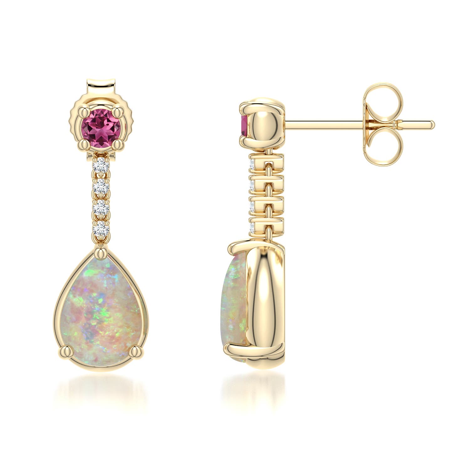 7x5mm AAAA Pear Opal Drop Earrings with Pink Tourmaline Accent in Yellow Gold - side