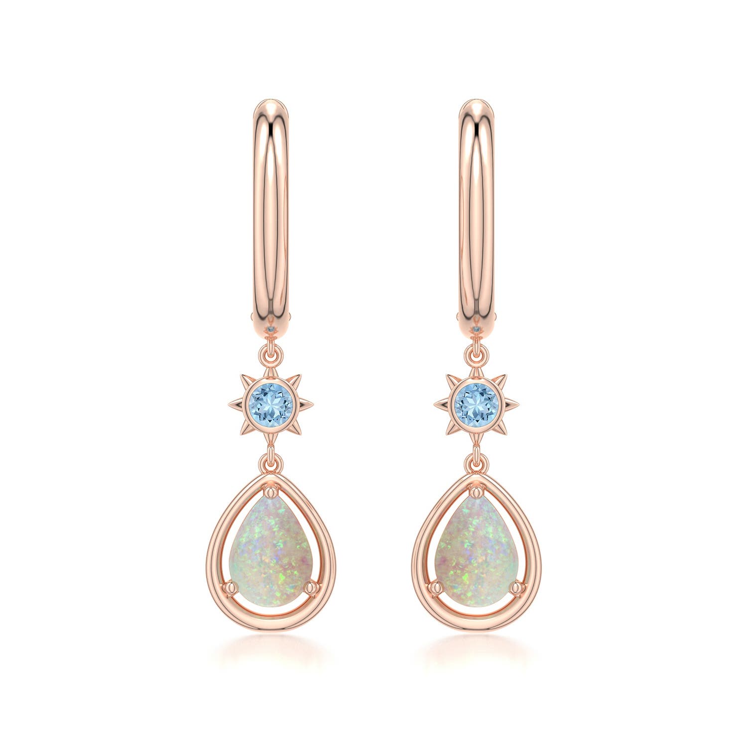 7x5mm AAA Pear Opal Hoop Drop Earrings with Aquamarine Accent in Rose Gold - main