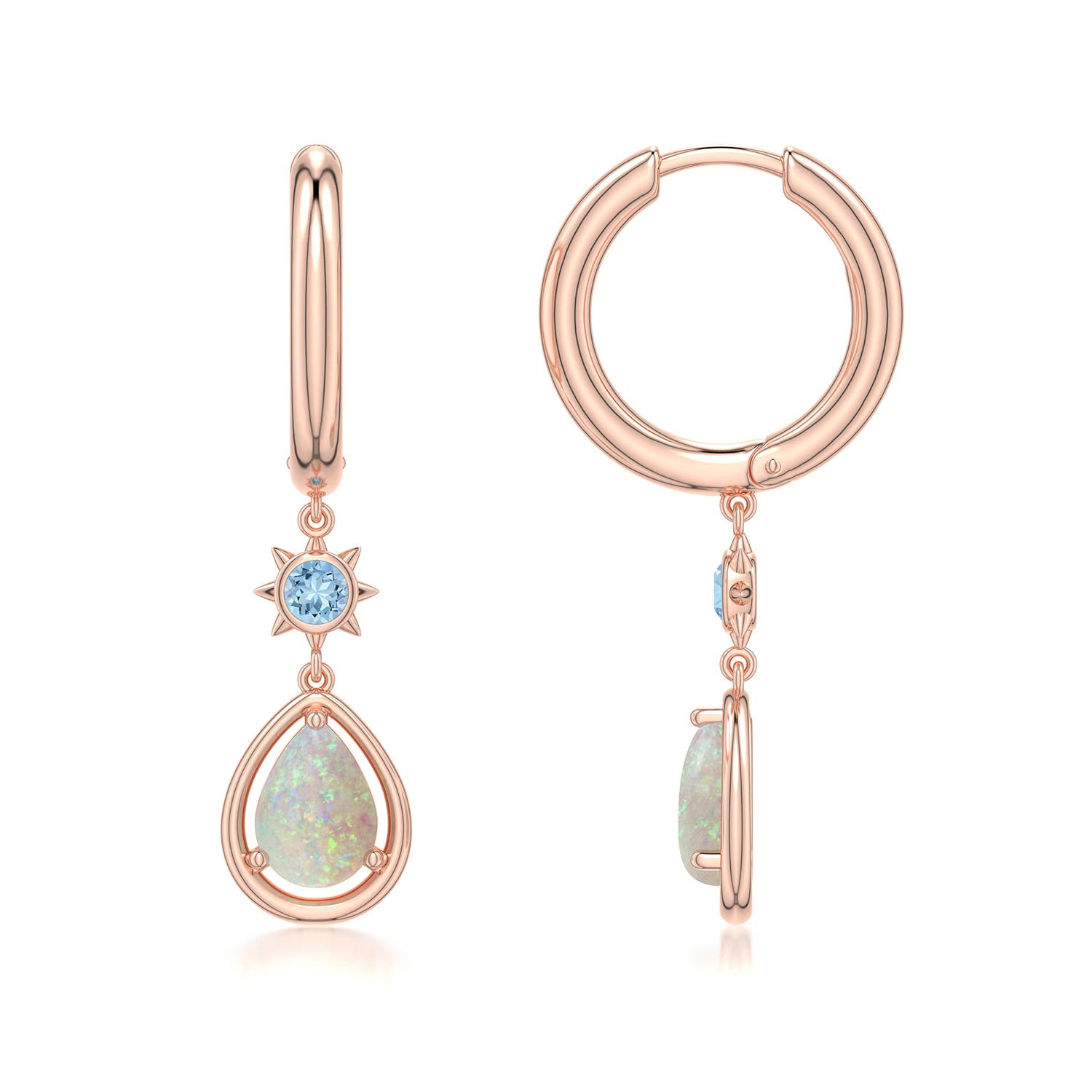 7x5mm AAA Pear Opal Hoop Drop Earrings with Aquamarine Accent in Rose Gold - side