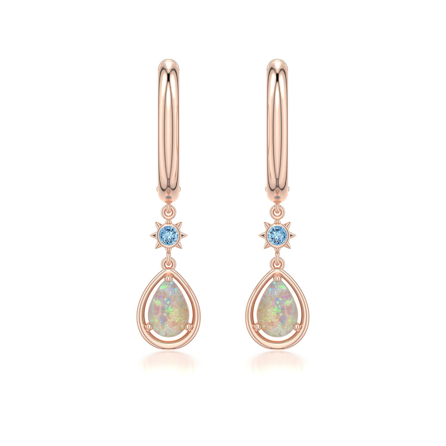 6x4mm AAAA Pear Opal Hoop Drop Earrings with Aquamarine Accent in Rose Gold - main