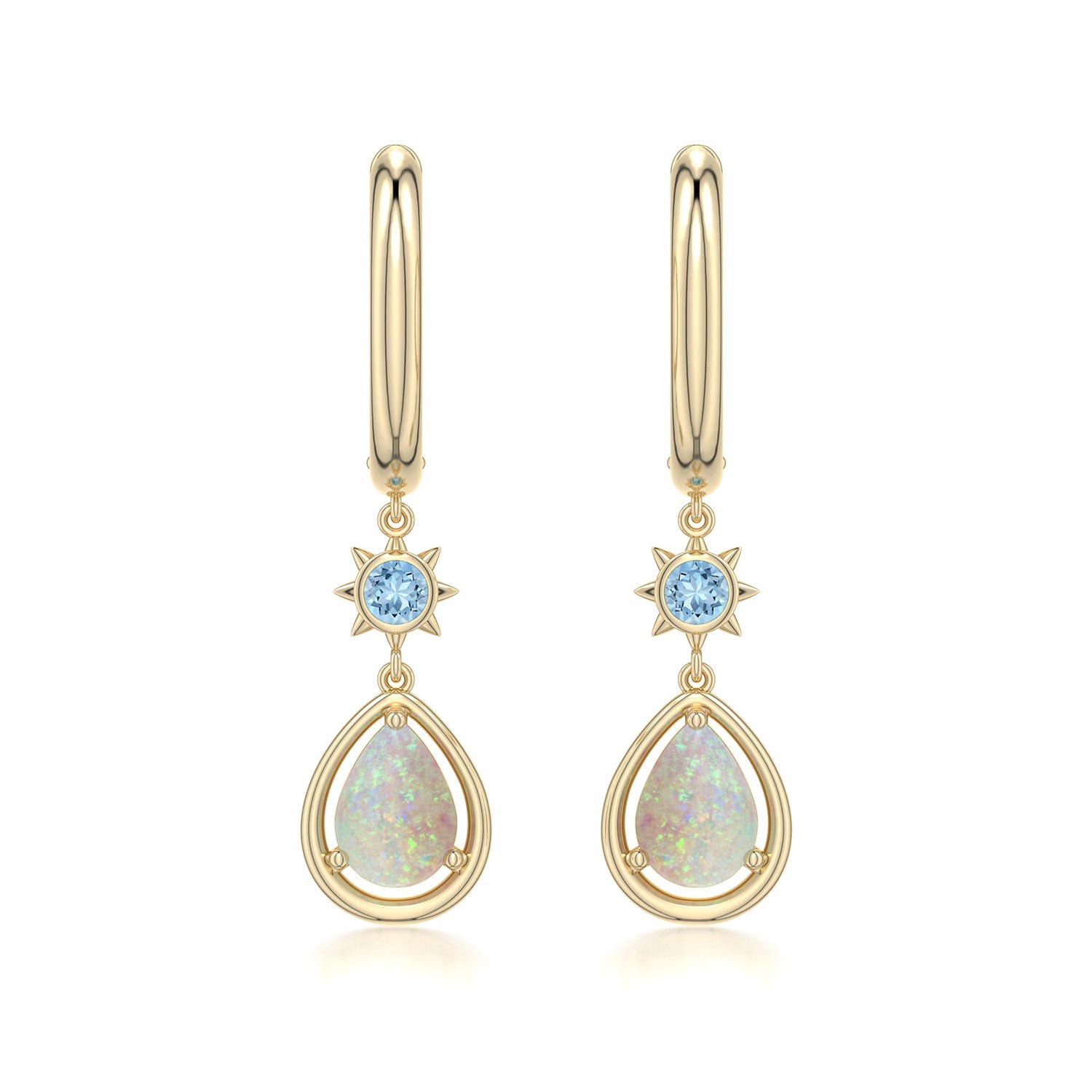 7x5mm AAA Pear Opal Hoop Drop Earrings with Aquamarine Accent in Yellow Gold - main