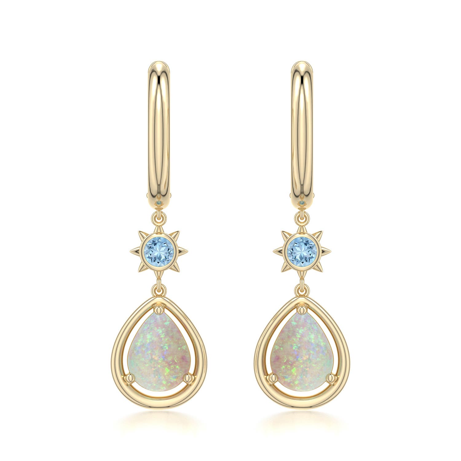 8x6mm AAA Pear Opal Hoop Drop Earrings with Aquamarine Accent in Yellow Gold - main