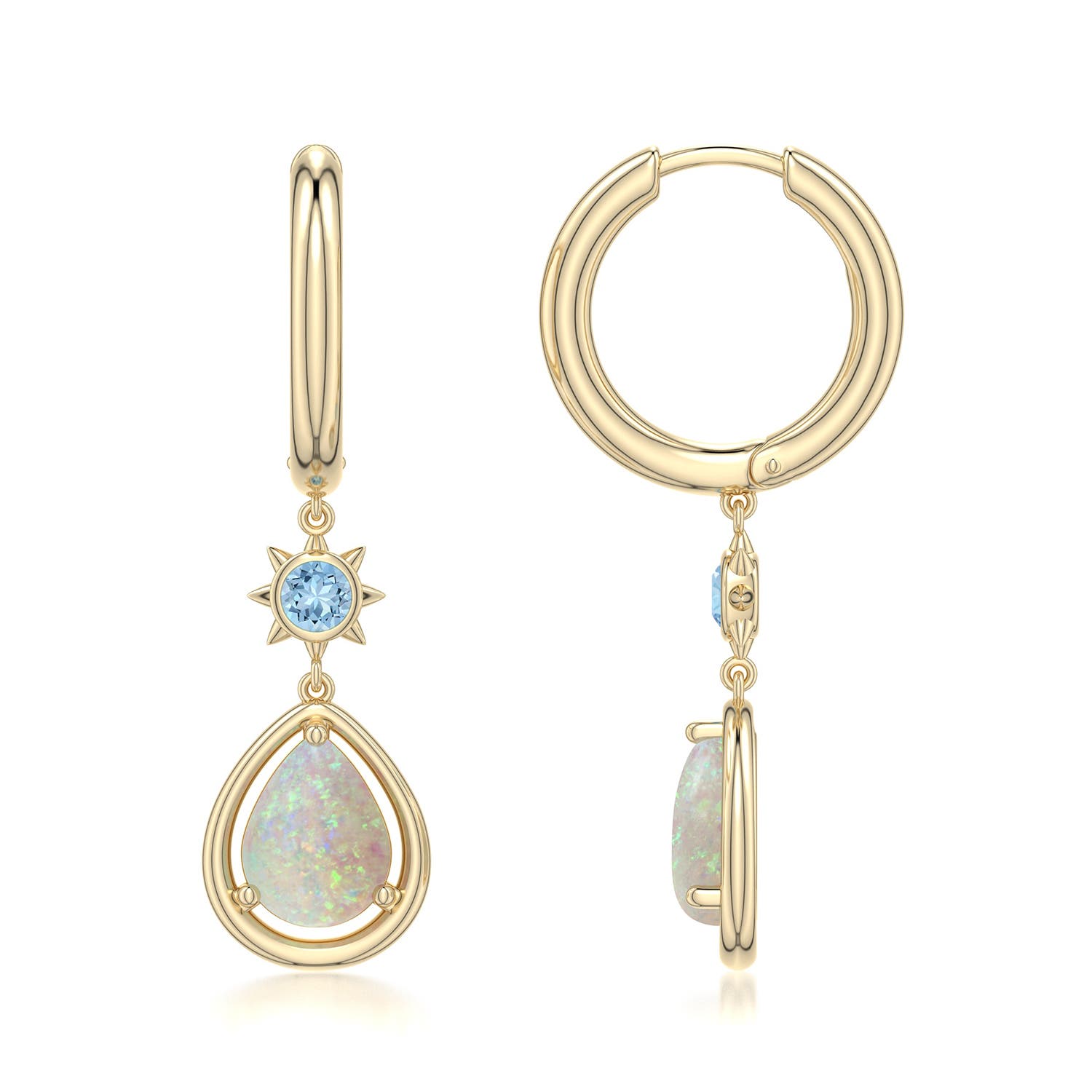 8x6mm AAA Pear Opal Hoop Drop Earrings with Aquamarine Accent in Yellow Gold - side