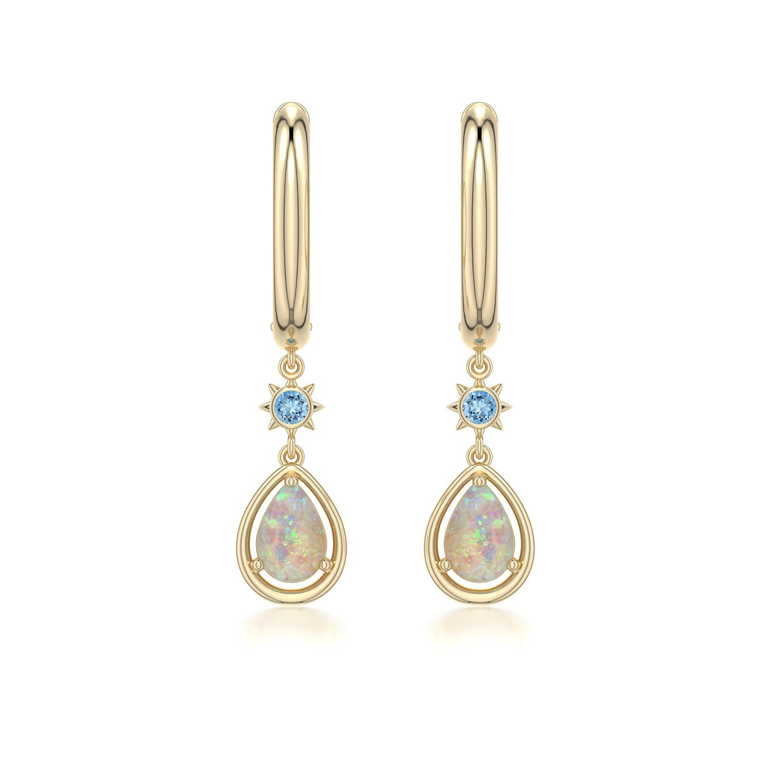 6x4mm AAAA Pear Opal Hoop Drop Earrings with Aquamarine Accent in Yellow Gold - main