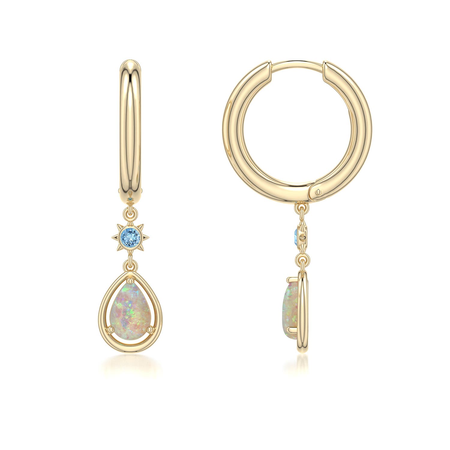 6x4mm AAAA Pear Opal Hoop Drop Earrings with Aquamarine Accent in Yellow Gold - side