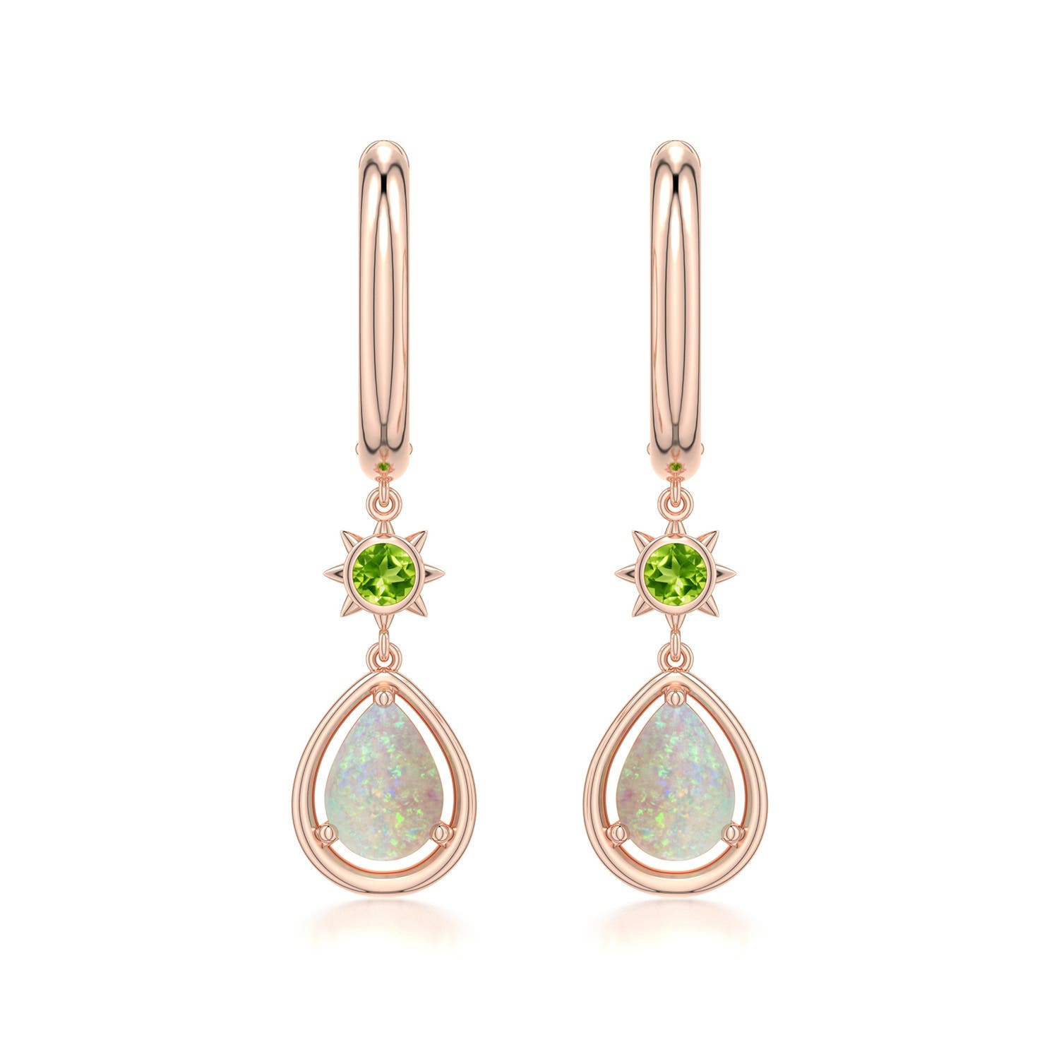 7x5mm AAA Pear Opal Hoop Drop Earrings with Peridot Accent in Rose Gold - main