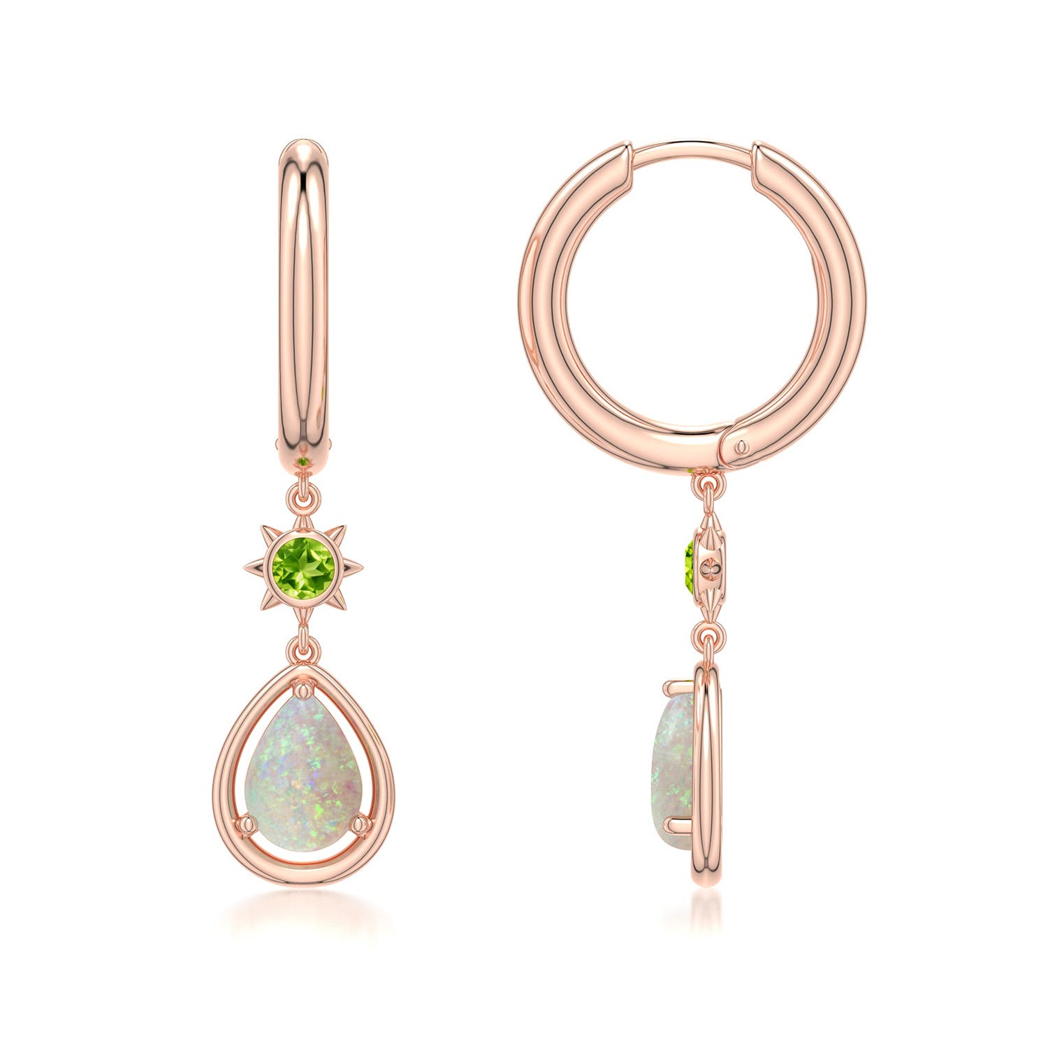7x5mm AAA Pear Opal Hoop Drop Earrings with Peridot Accent in Rose Gold - side