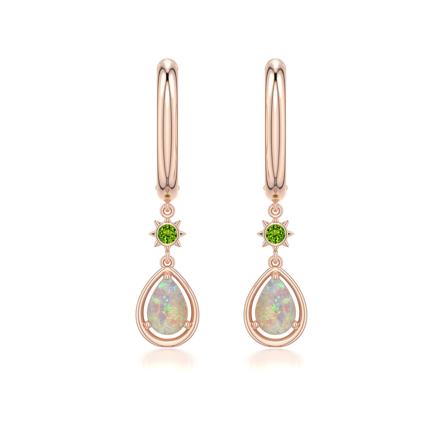 6x4mm AAAA Pear Opal Hoop Drop Earrings with Peridot Accent in Rose Gold - main