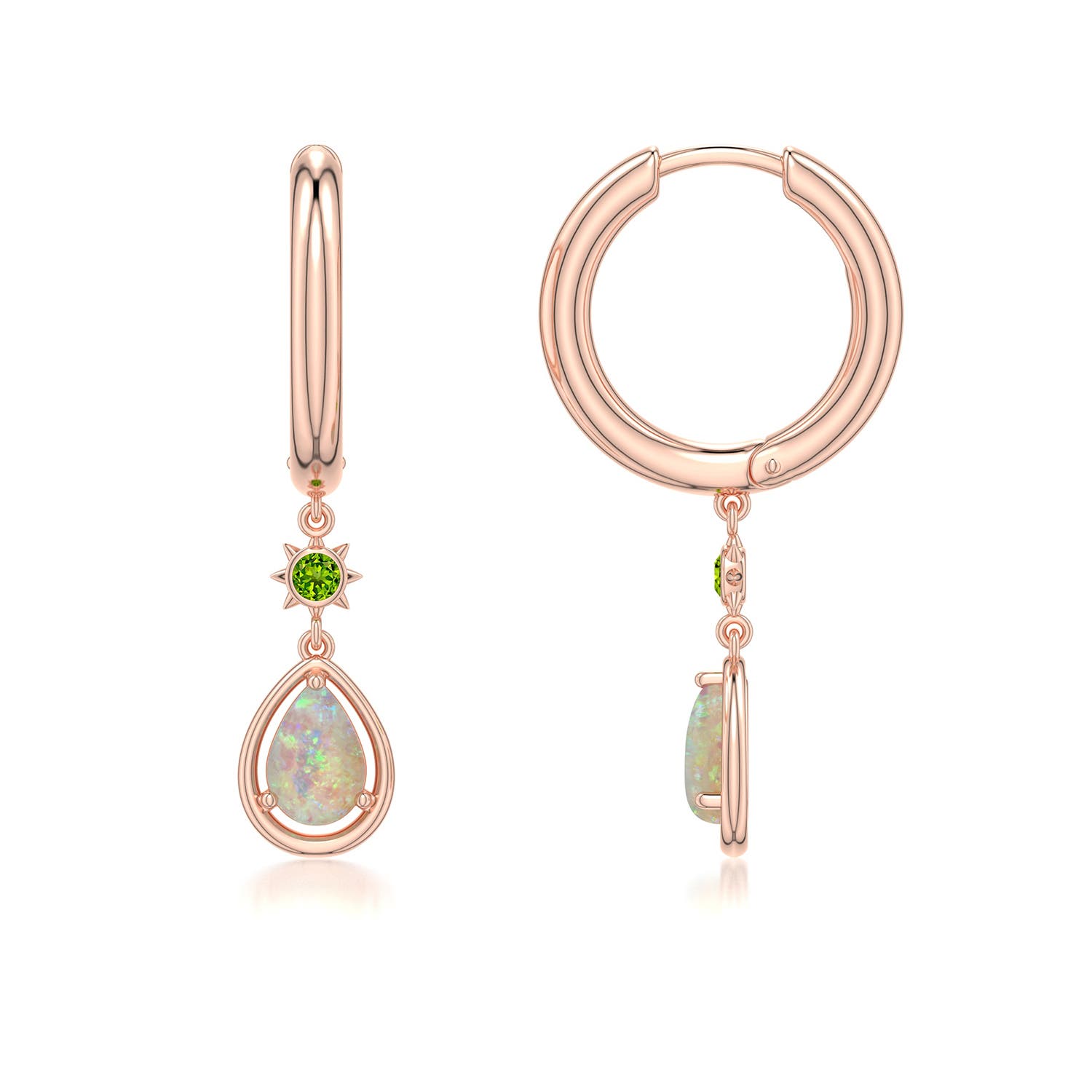 6x4mm AAAA Pear Opal Hoop Drop Earrings with Peridot Accent in Rose Gold - side