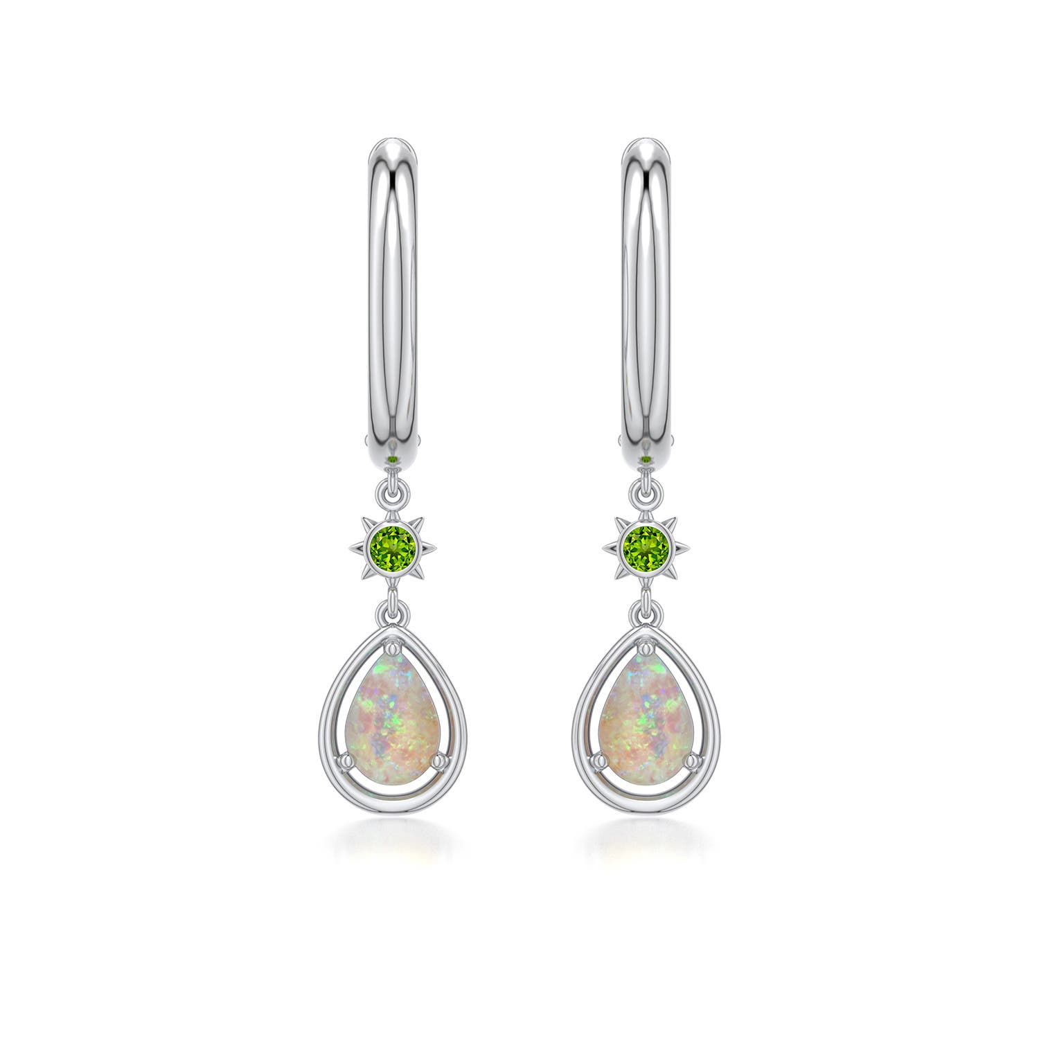 6x4mm AAAA Pear Opal Hoop Drop Earrings with Peridot Accent in White Gold - main