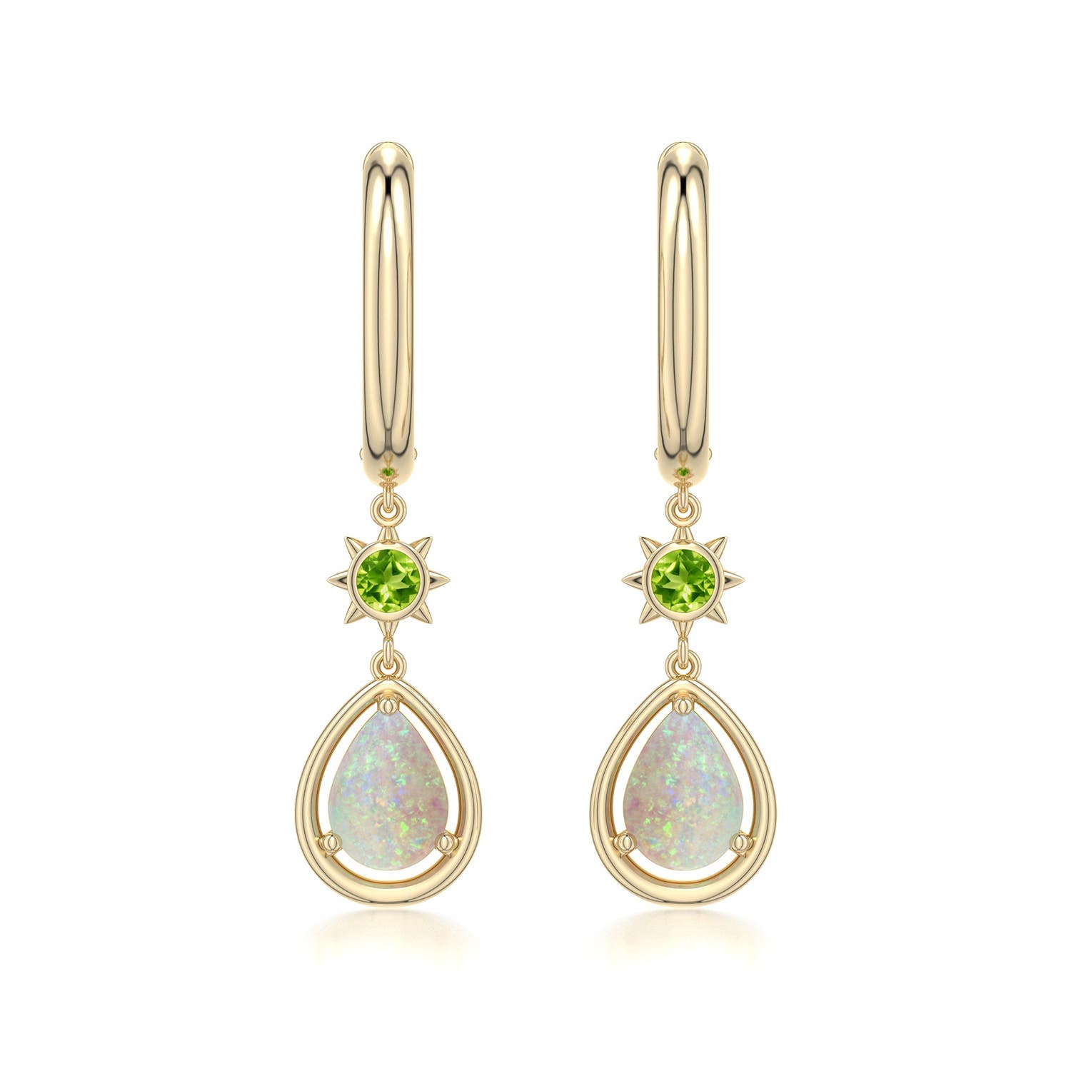 7x5mm AAA Pear Opal Hoop Drop Earrings with Peridot Accent in Yellow Gold - main