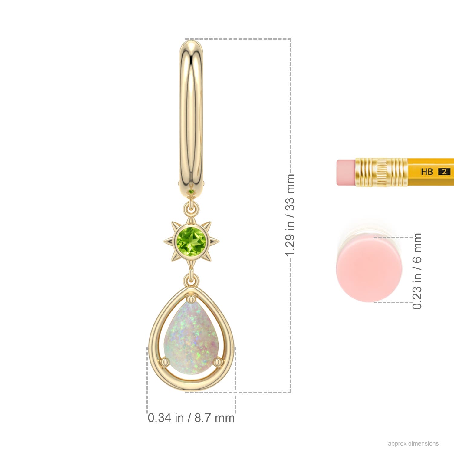 7x5mm AAA Pear Opal Hoop Drop Earrings with Peridot Accent in Yellow Gold - ruler - ruler