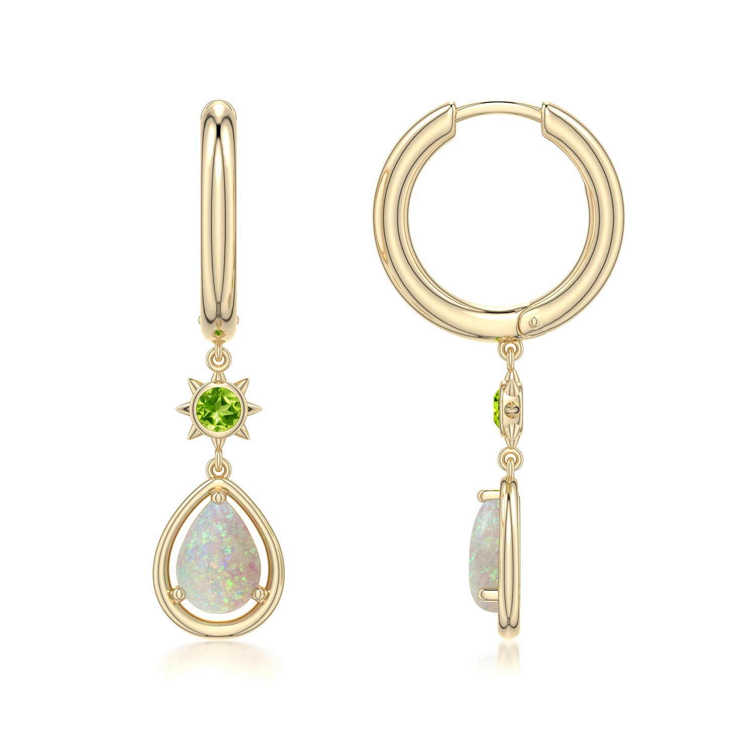 7x5mm AAA Pear Opal Hoop Drop Earrings with Peridot Accent in Yellow Gold - side - side 2