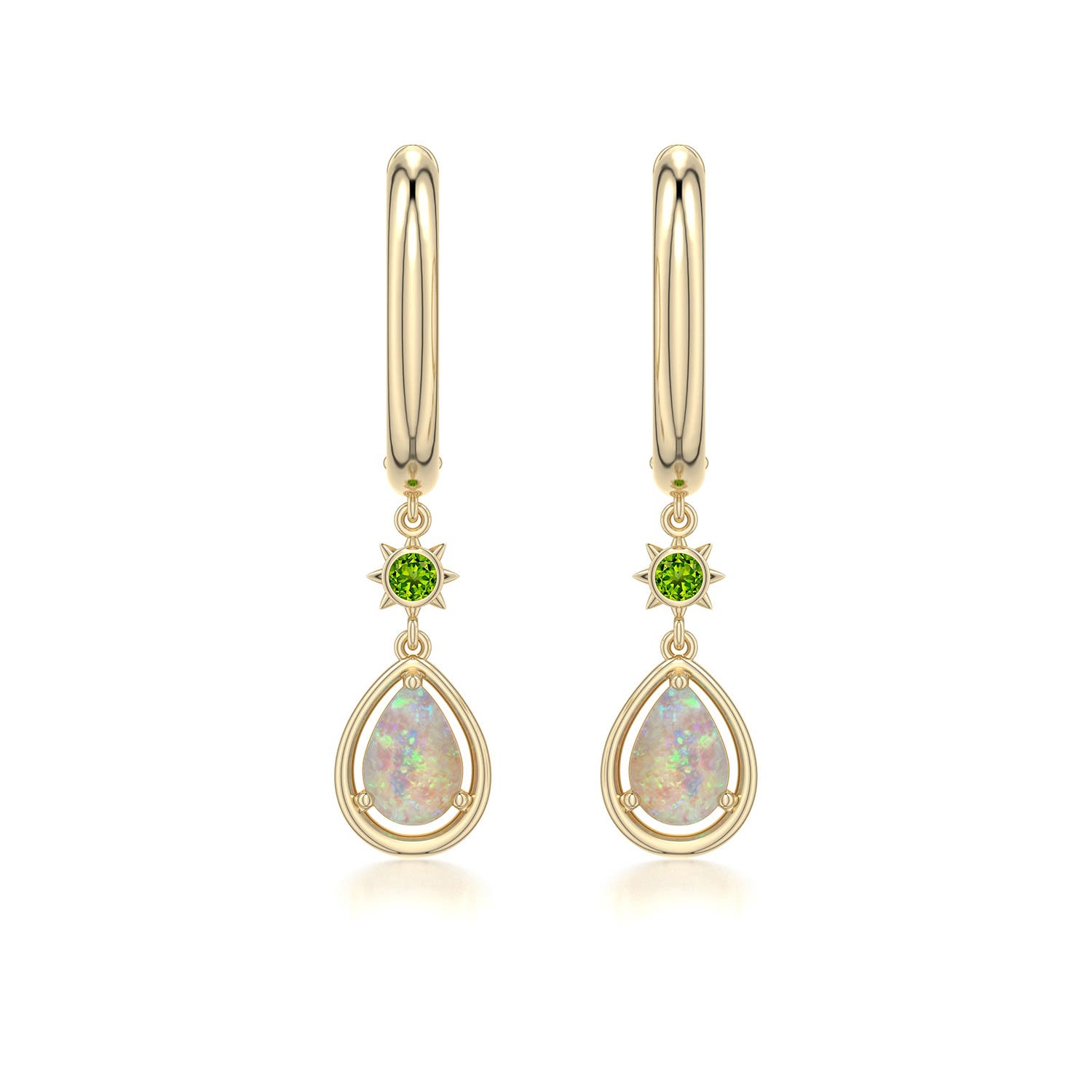 6x4mm AAAA Pear Opal Hoop Drop Earrings with Peridot Accent in Yellow Gold - main