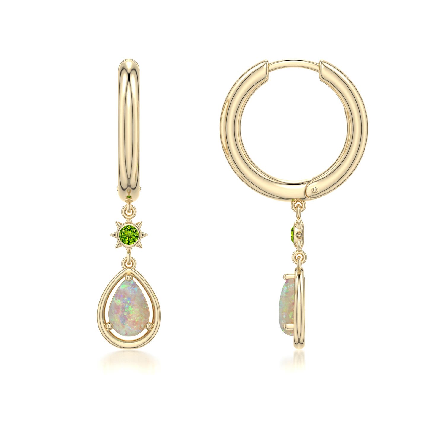 6x4mm AAAA Pear Opal Hoop Drop Earrings with Peridot Accent in Yellow Gold - side