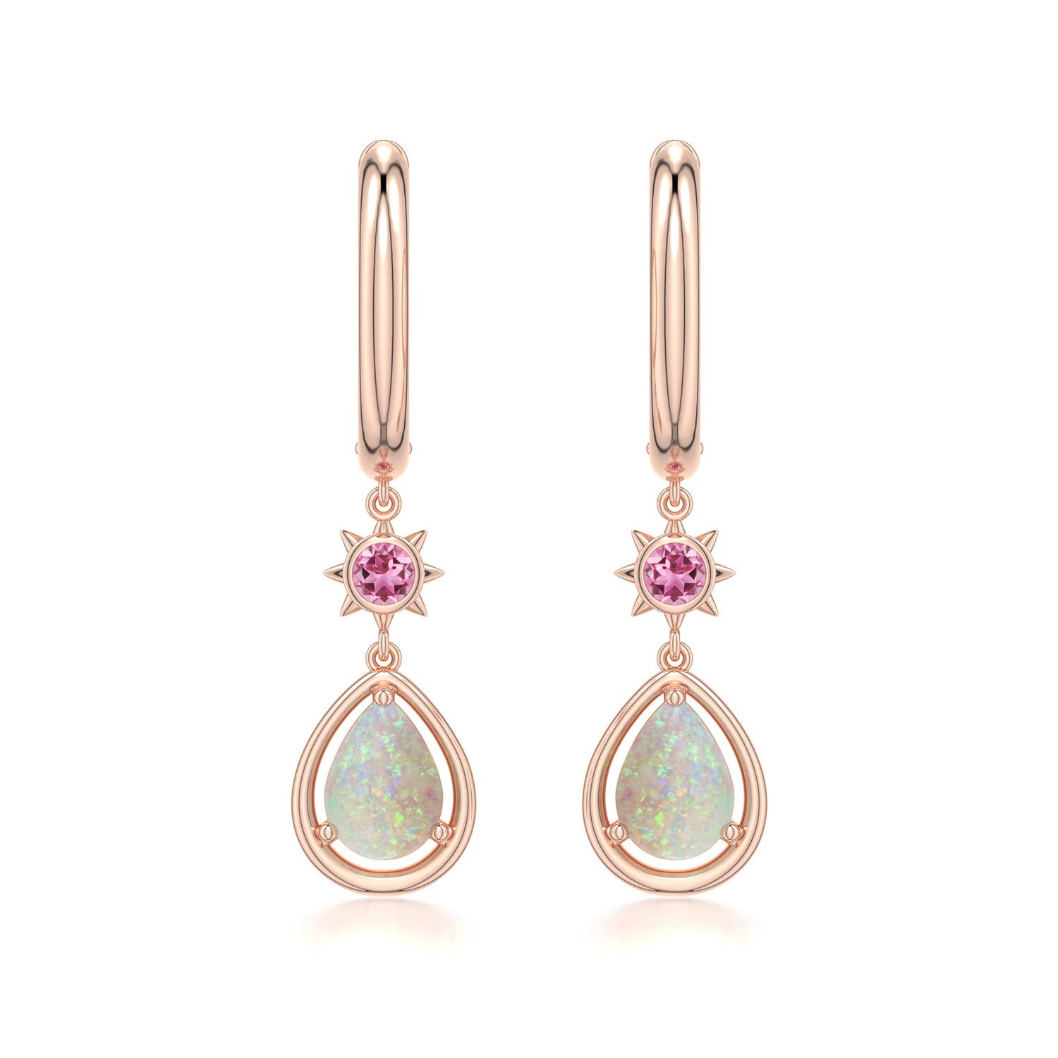 7x5mm AAA Pear Opal Hoop Drop Earrings with Pink Tourmaline Accent in Rose Gold - main