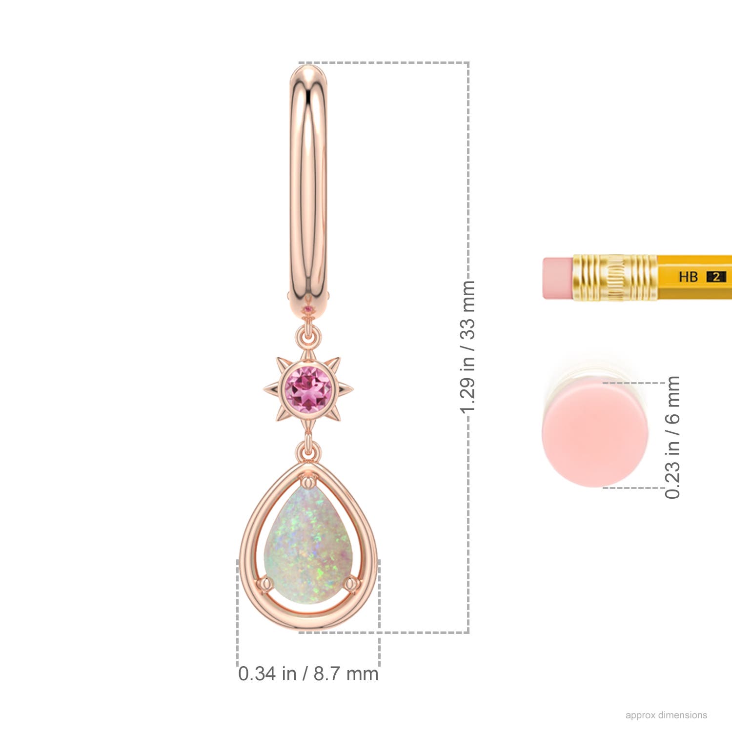 7x5mm AAA Pear Opal Hoop Drop Earrings with Pink Tourmaline Accent in Rose Gold - ruler - ruler