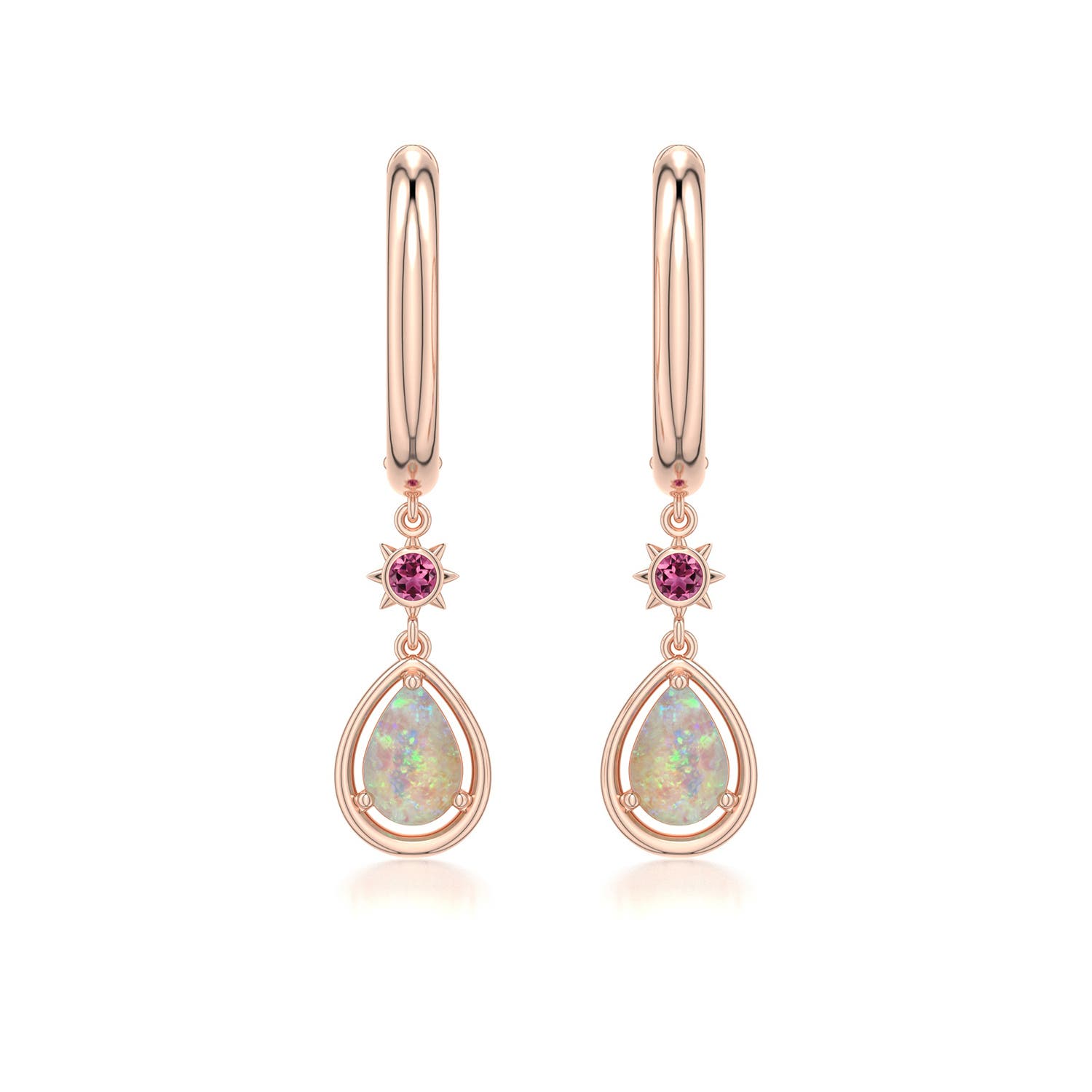 6x4mm AAAA Pear Opal Hoop Drop Earrings with Pink Tourmaline Accent in Rose Gold - main
