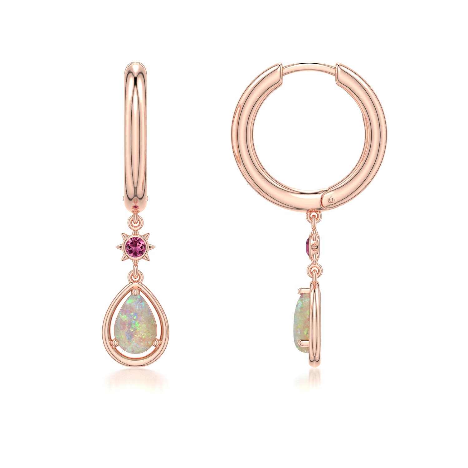 6x4mm AAAA Pear Opal Hoop Drop Earrings with Pink Tourmaline Accent in Rose Gold - side