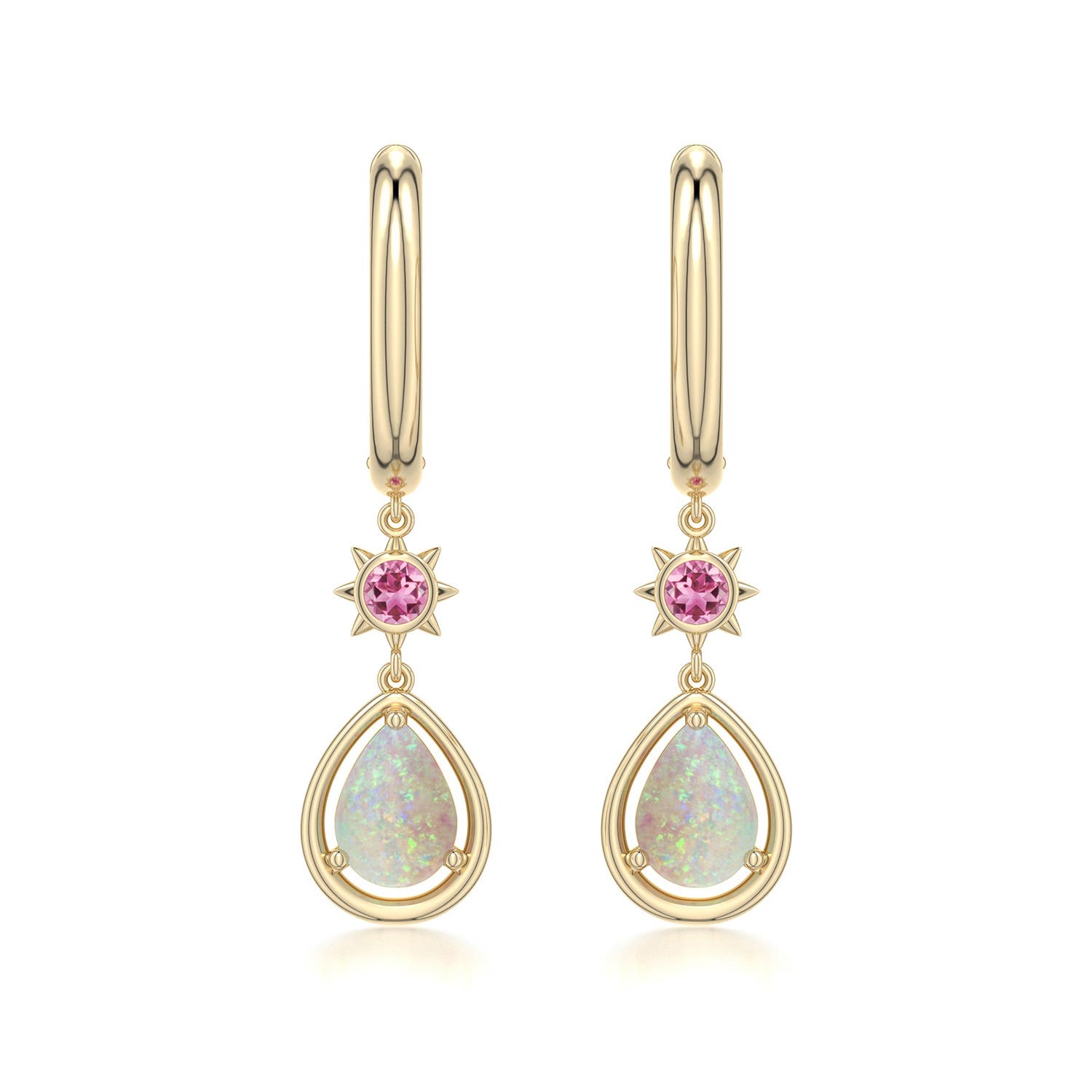 7x5mm AAA Pear Opal Hoop Drop Earrings with Pink Tourmaline Accent in Yellow Gold - main