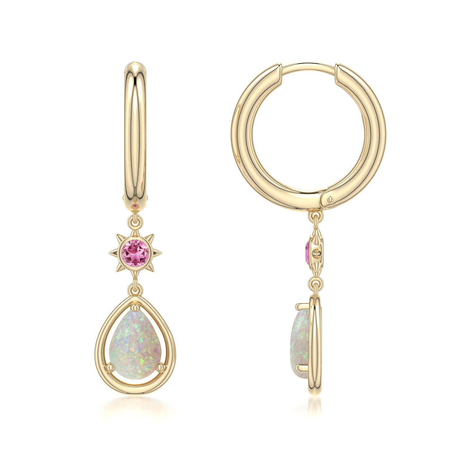 7x5mm AAA Pear Opal Hoop Drop Earrings with Pink Tourmaline Accent in Yellow Gold - side
