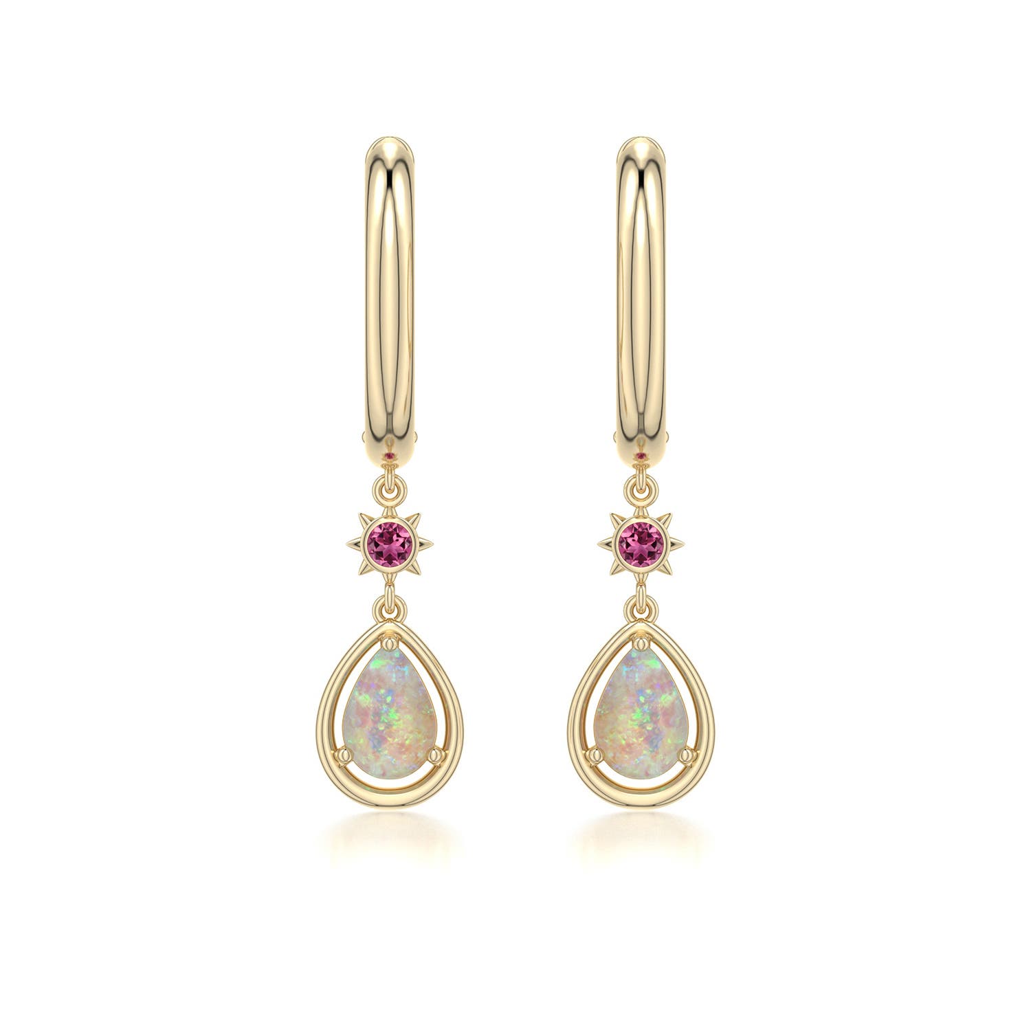 6x4mm AAAA Pear Opal Hoop Drop Earrings with Pink Tourmaline Accent in Yellow Gold - main