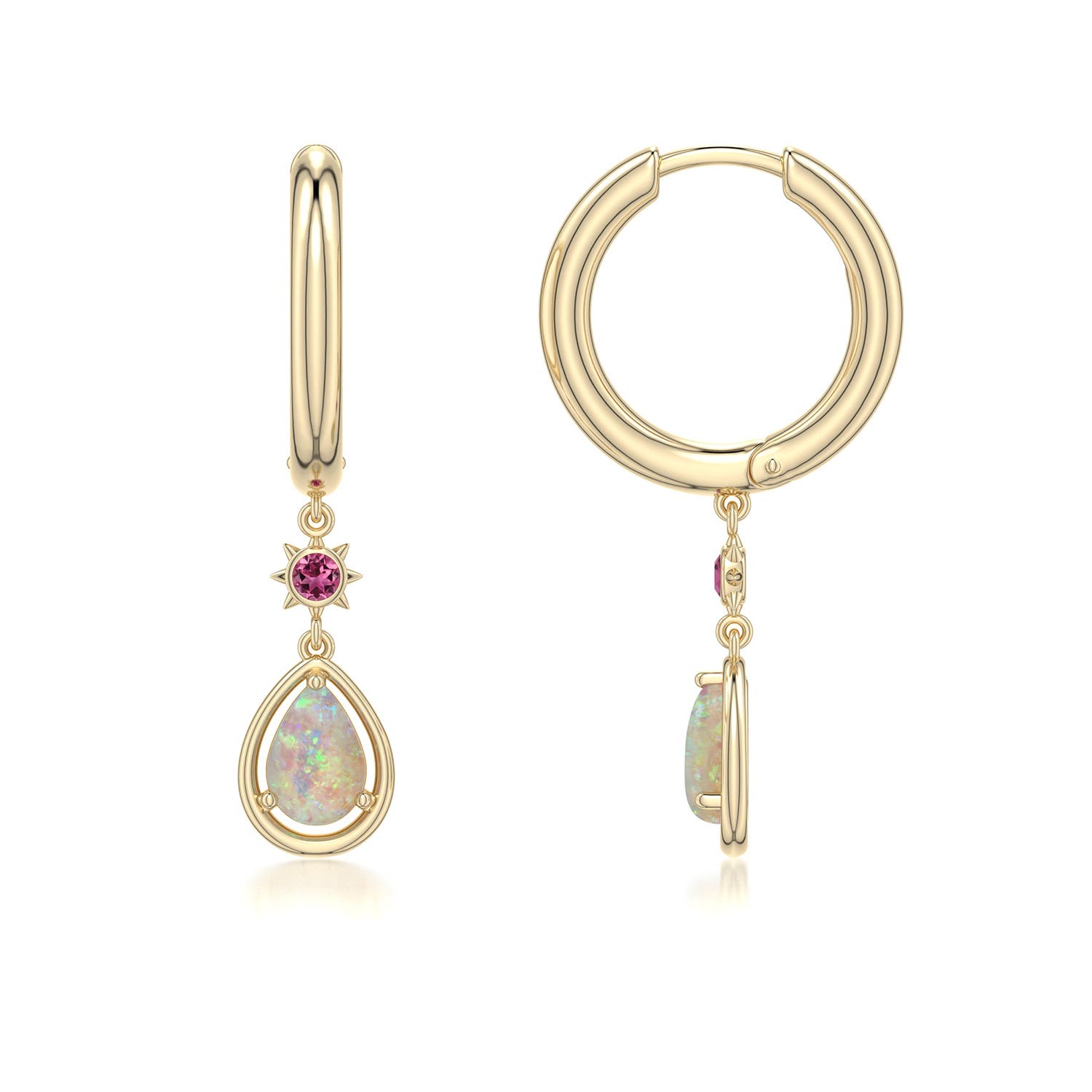 6x4mm AAAA Pear Opal Hoop Drop Earrings with Pink Tourmaline Accent in Yellow Gold - side