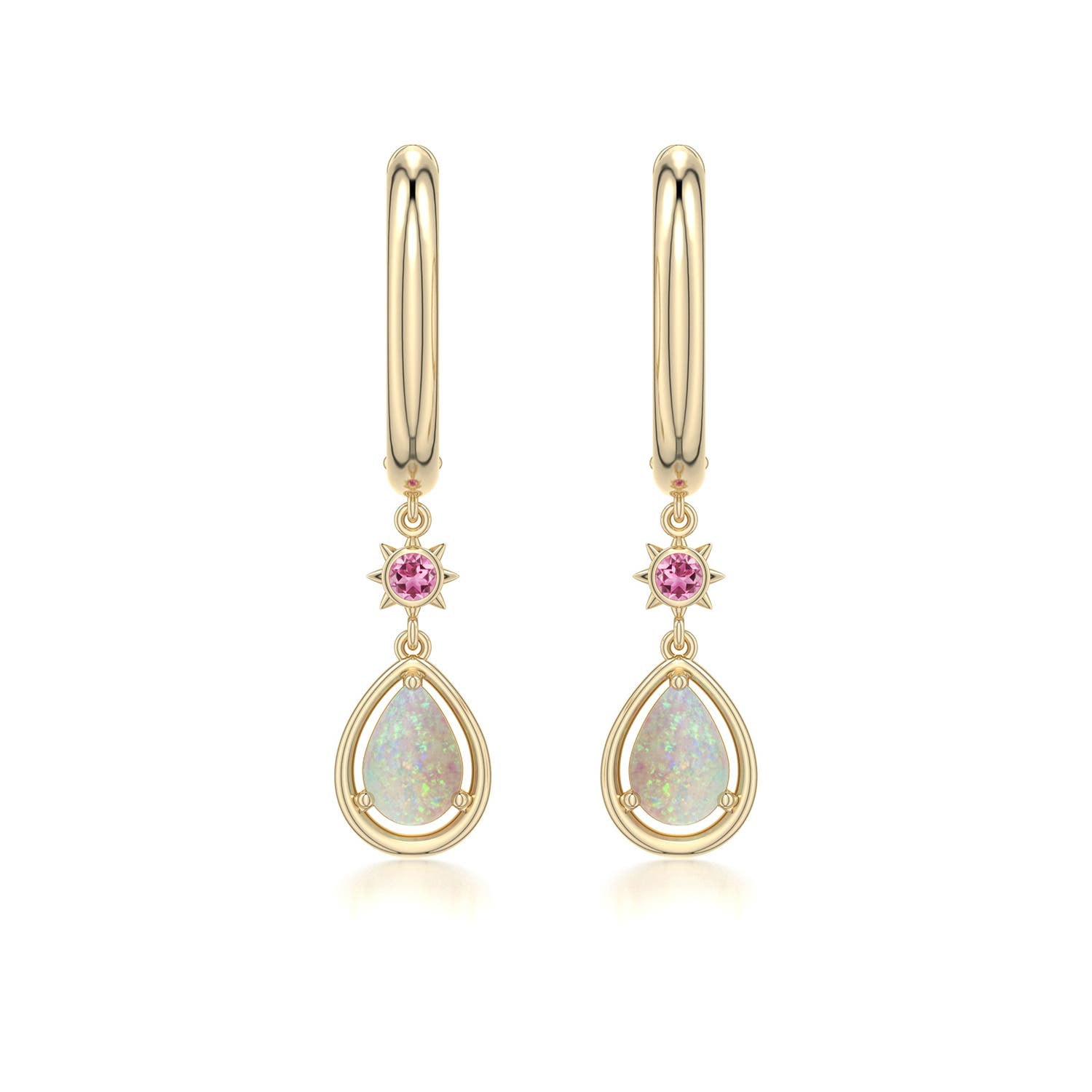 6x4mm AAA Pear Opal Hoop Drop Earrings with Pink Tourmaline Accent in 18K Yellow Gold - main