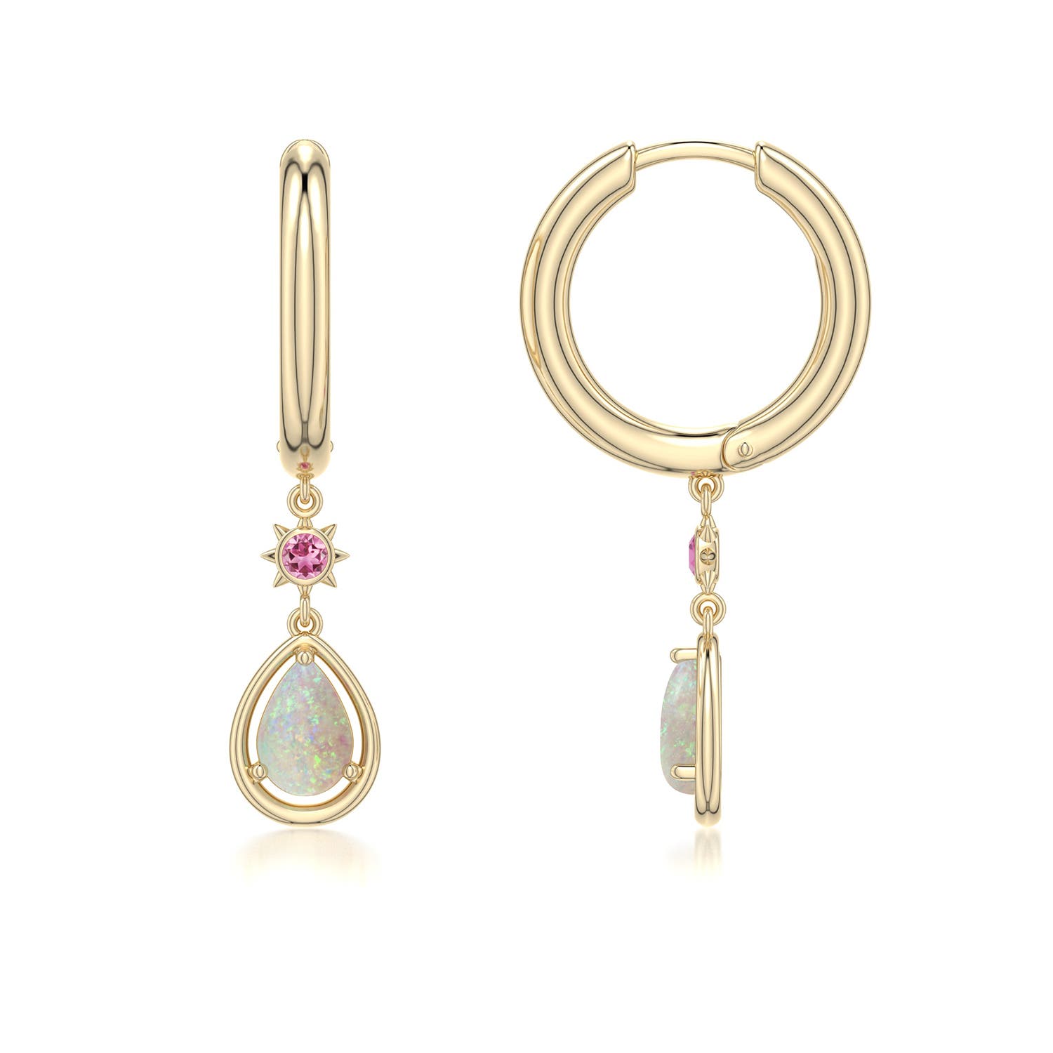 6x4mm AAA Pear Opal Hoop Drop Earrings with Pink Tourmaline Accent in 18K Yellow Gold - side