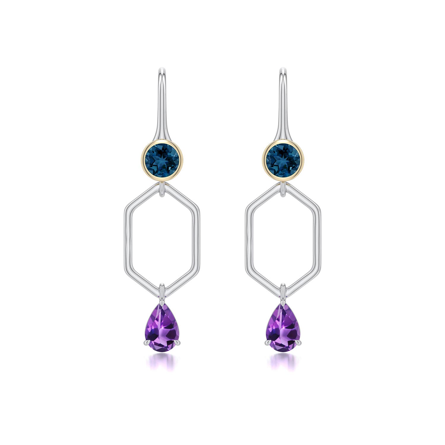 6x4mm AAA Sterling Silver and 18K Yellow Gold Pear Amethyst Hexagonal Earrings in 999-18K Mixed Metal - main