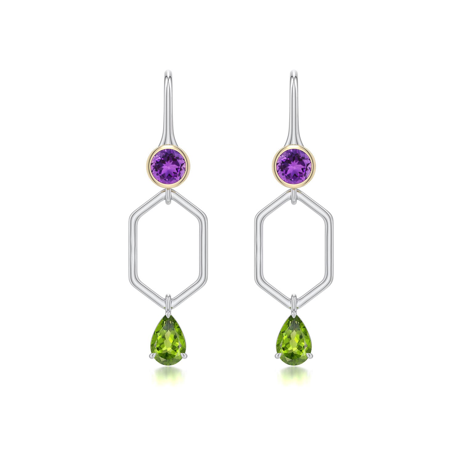 6x4mm AAA Sterling Silver and 18K Yellow Gold Pear Peridot Hexagonal Earrings in 999-18K Mixed Metal - main